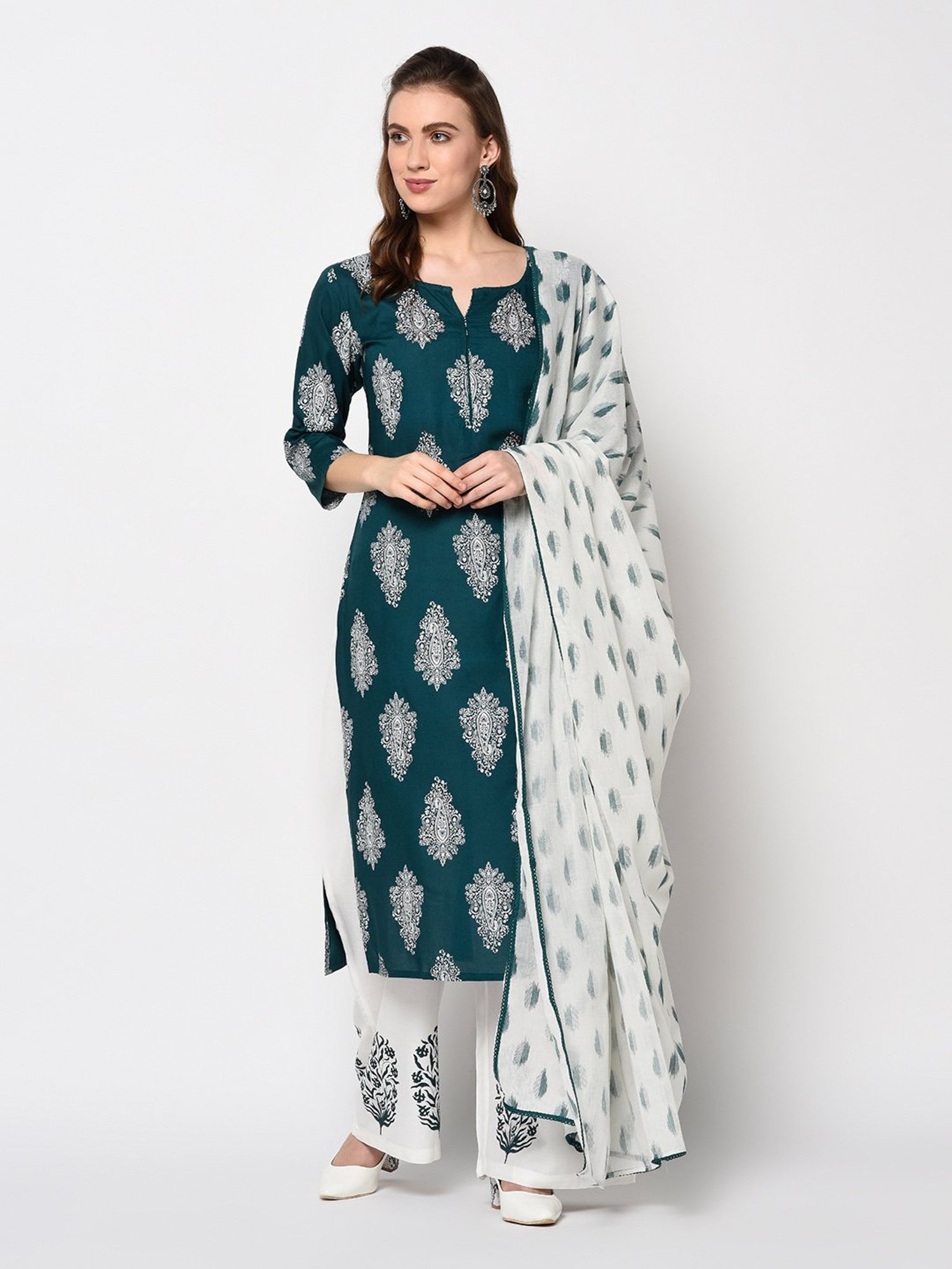 Yufta Green Straight Fit Kurta with Palazzo & Dupatta