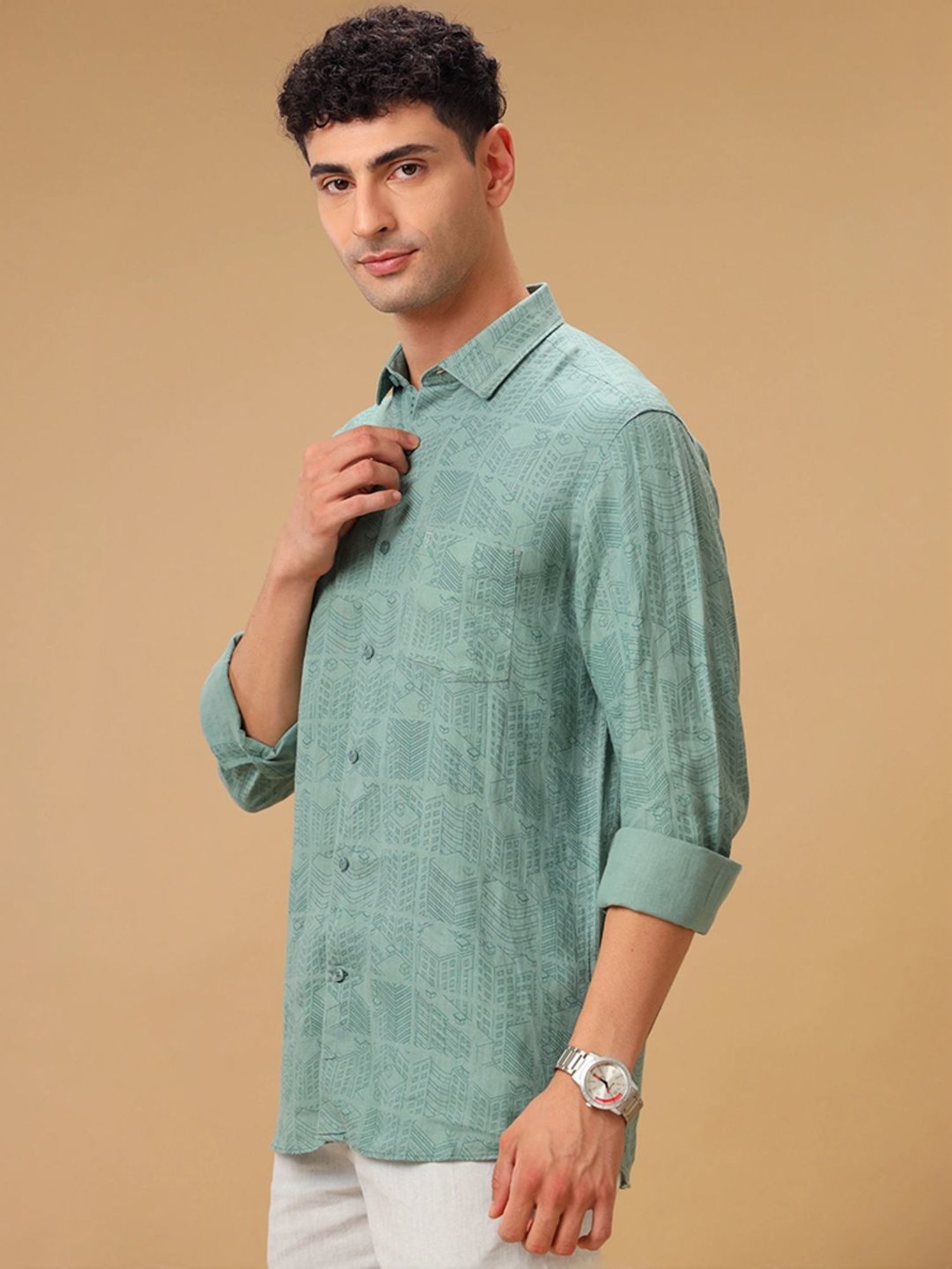 Linen Club Green Linen Contemporary Fit Printed Shirt