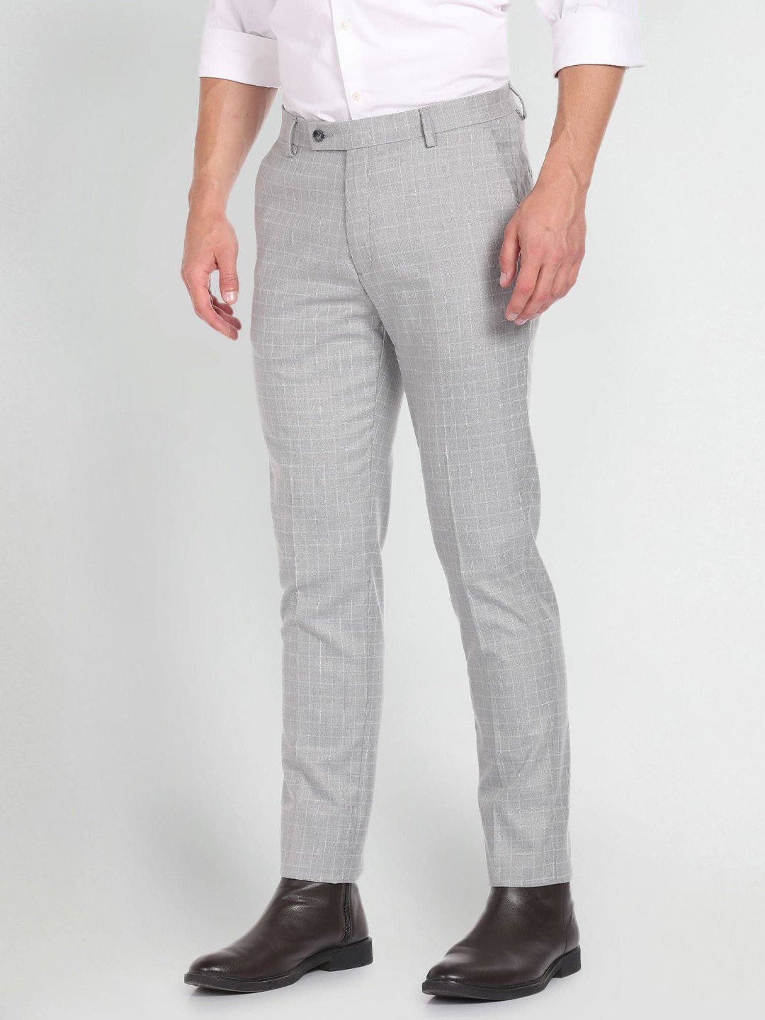 Arrow Grey Slim Fit Checks Trousers