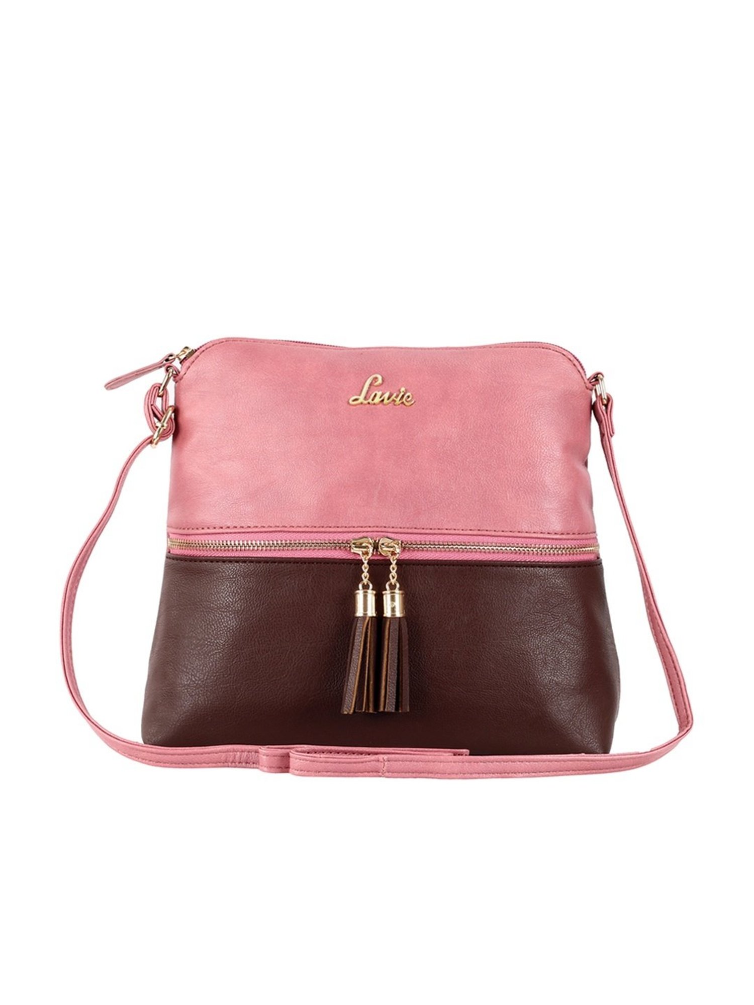Lavie Tassel Dome Pink & Brown Polyester Color Block Sling Handbag