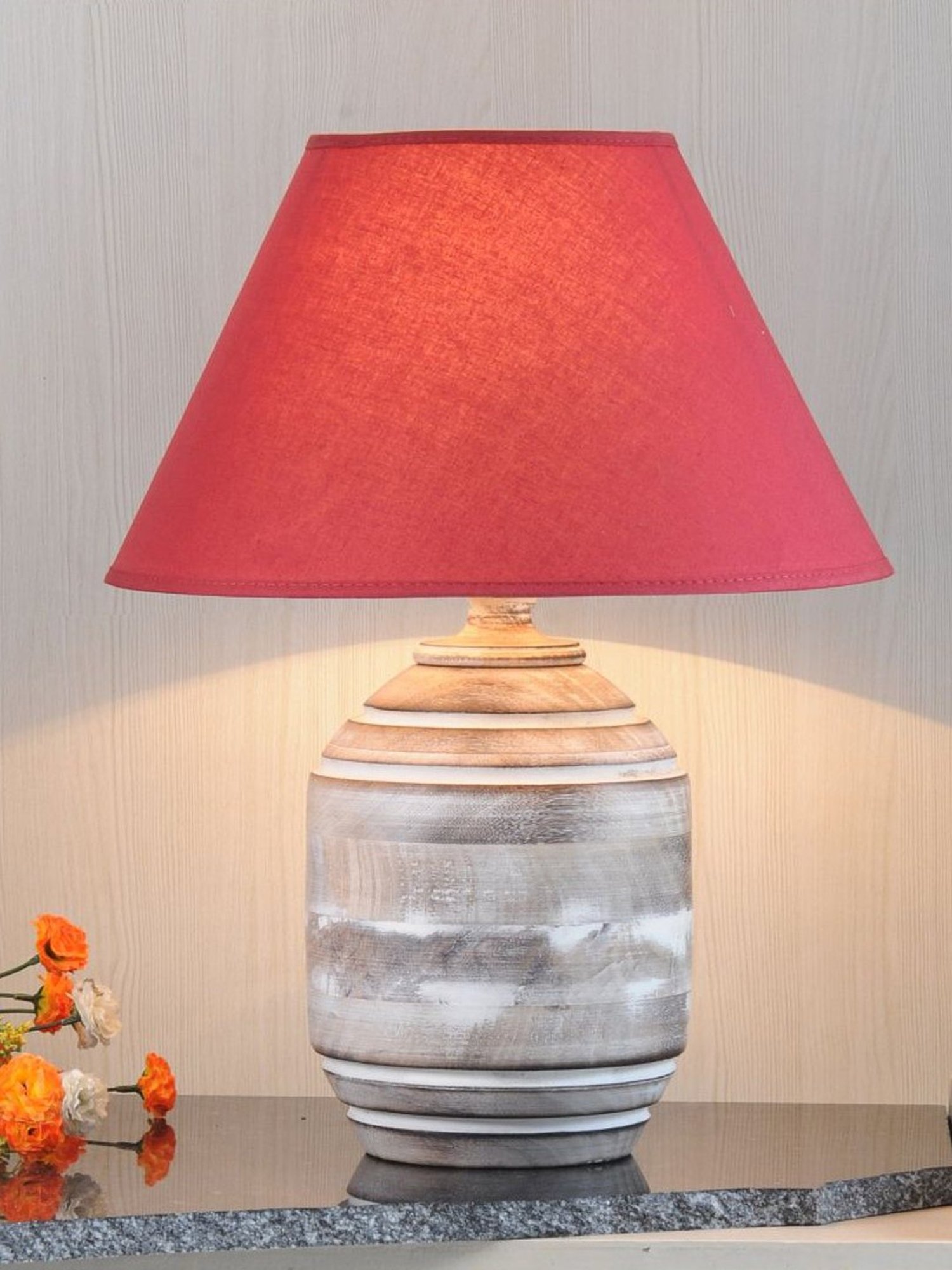 Kapoor Lamp Shades Distress White & Red Wood Bradbury Carved Table Lamp