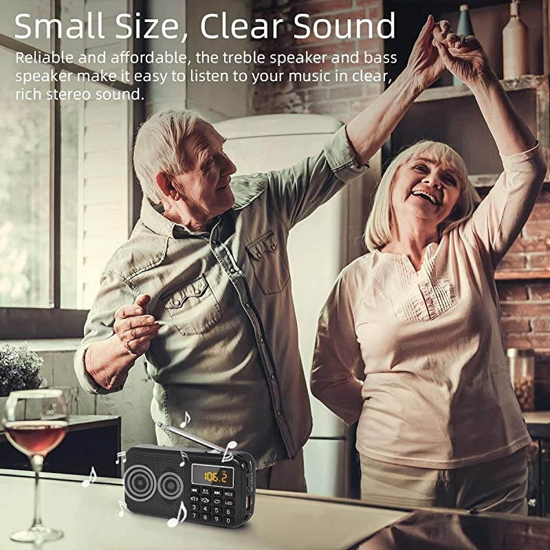 J725C Portable Mini FM Radio Speaker Music Player USB Drive TF Card with LED Display Alarm Clock 3000 Rechargeable Battery NO AMBlack