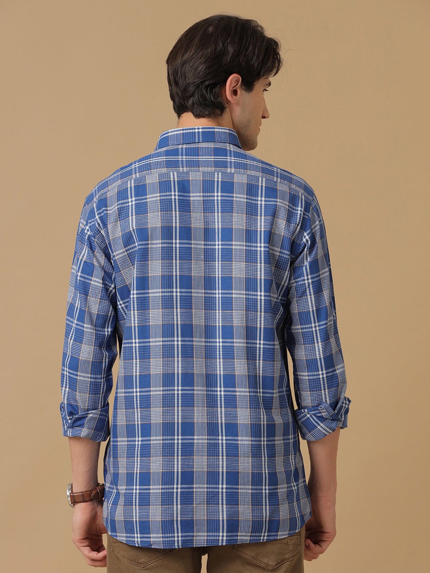 CAVALLO by Linen Club Blue Contemporary Fit Check Shirt