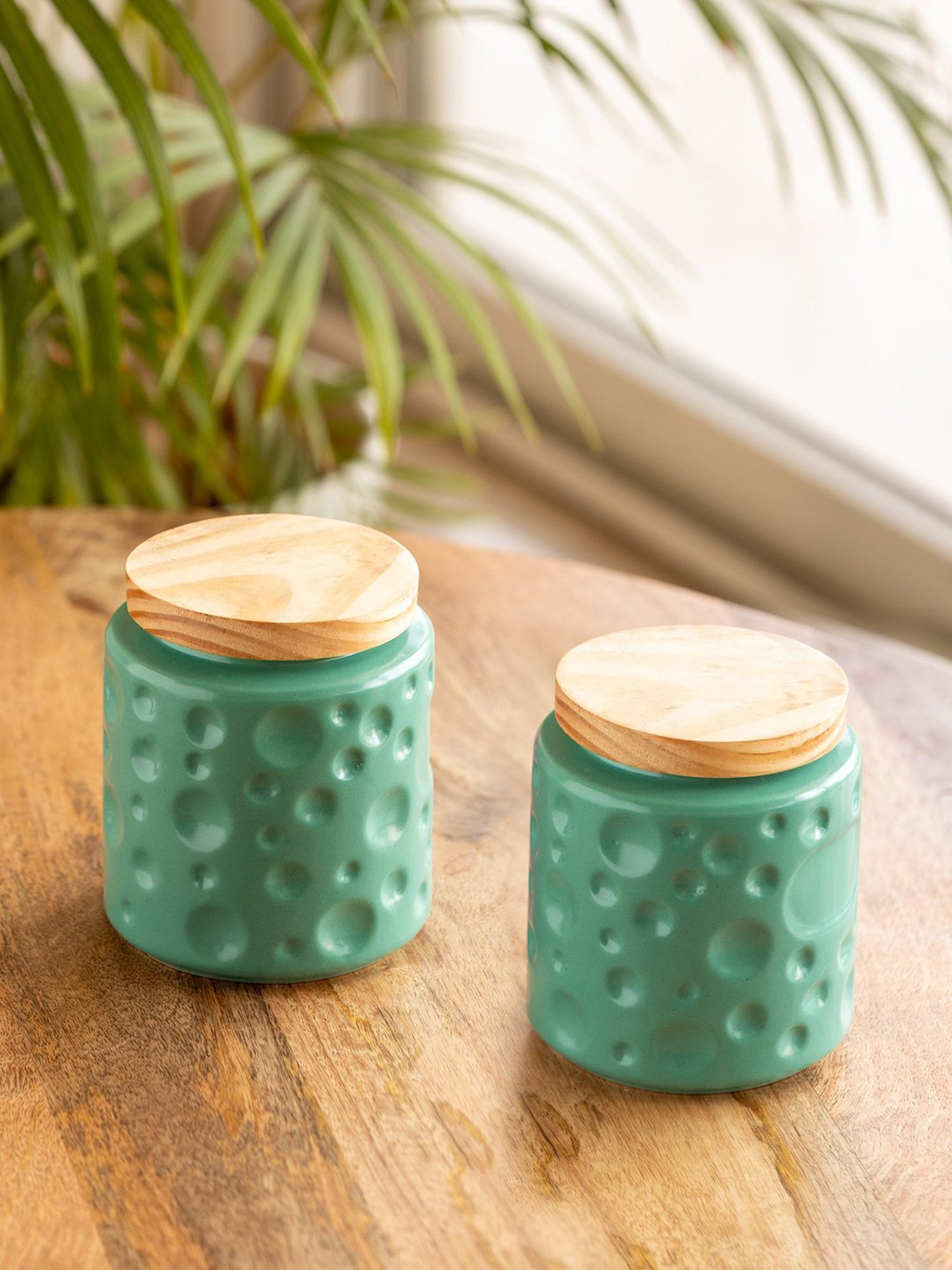 ExclusiveLane Vibrant Green Ceramic Jars & Containers - Set of 2, 720 ML