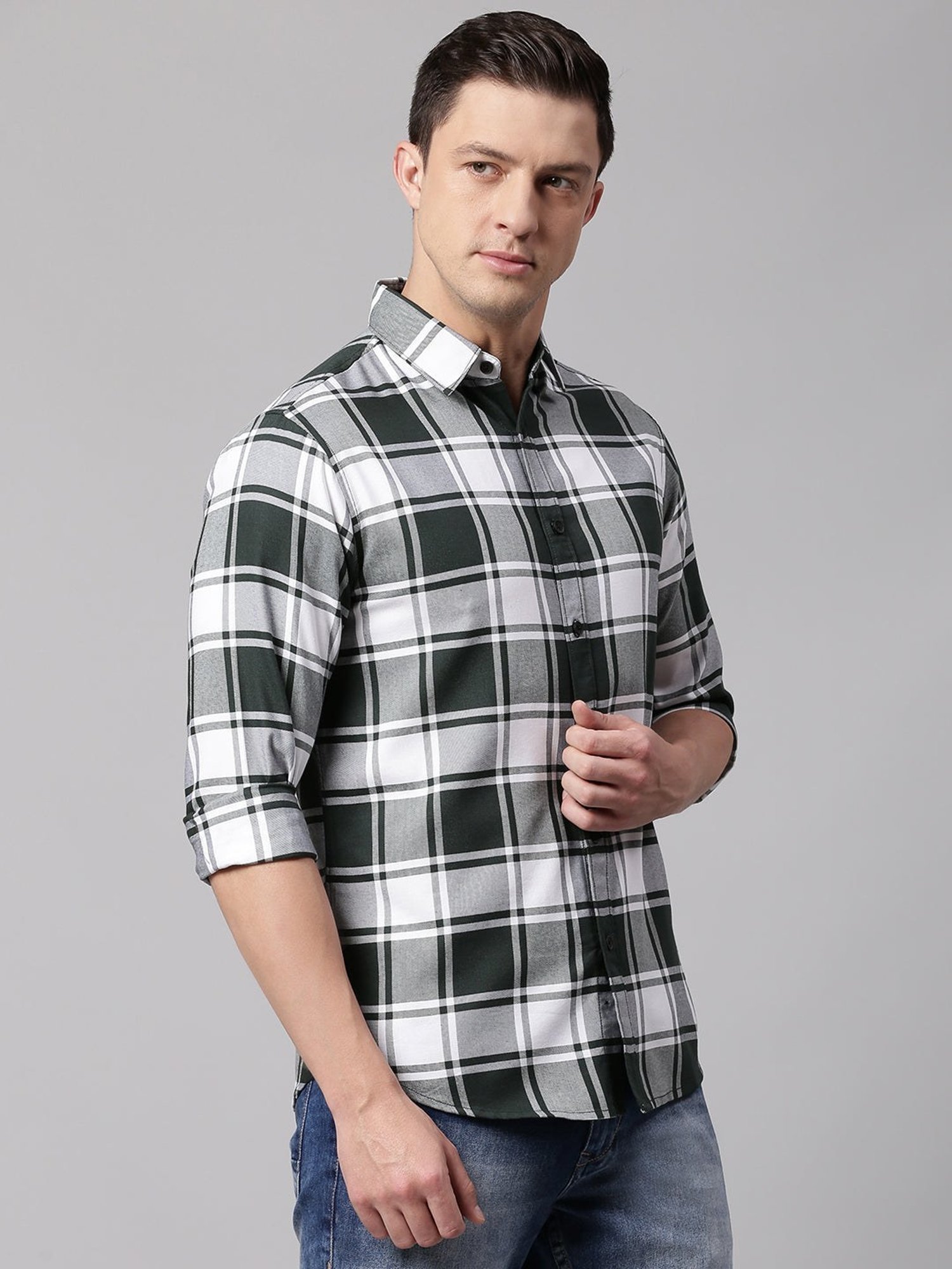 Dennis Lingo Green & White Cotton Slim Fit Checks Shirt