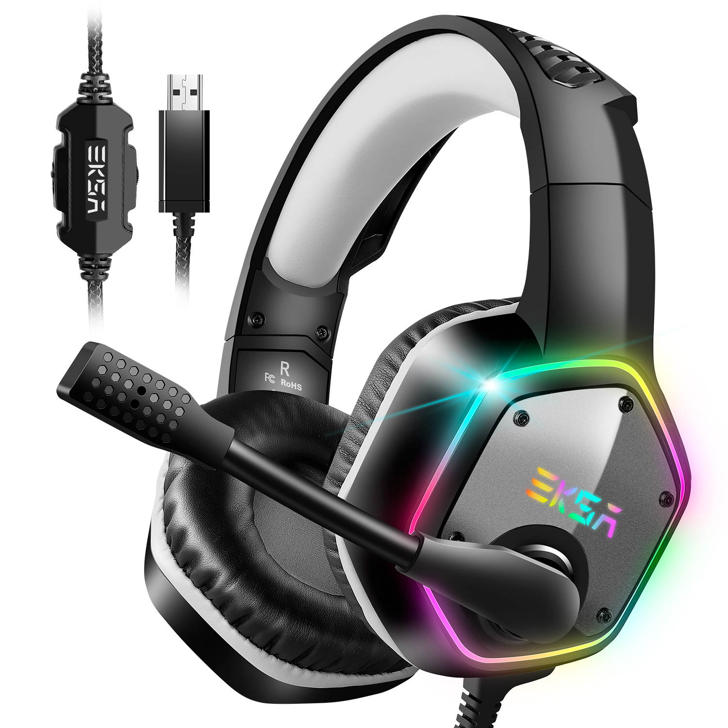 EKSA E1000 Gaming Headset with 7.1 Surround Sound Stereo USB Headphones with Noise Canceling Mic & RGB Light for PC, PS4, Laptop (Gray)