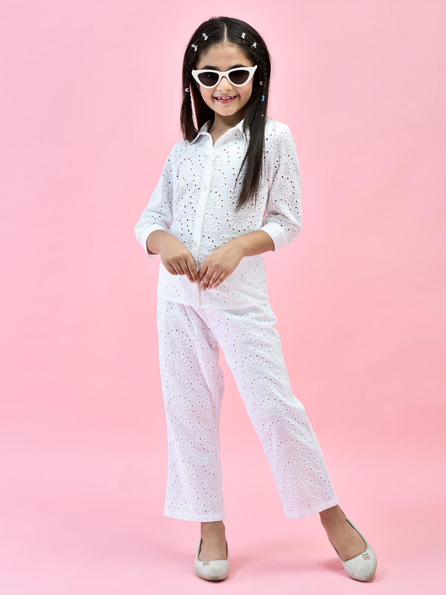 Juniper Girls White Self Design Shirt With Pants