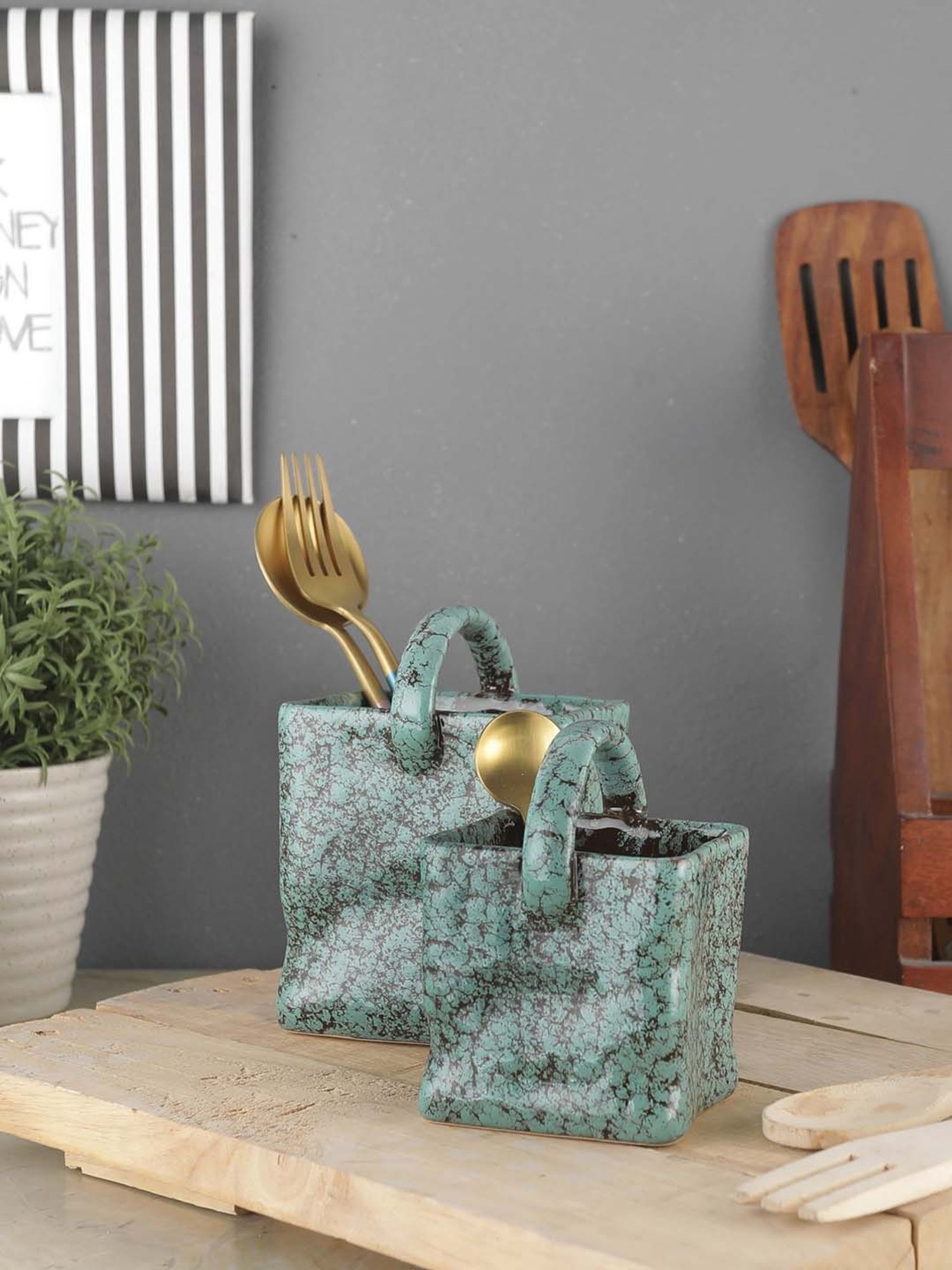 VarEesha Foliage Green Ceramic Cutlery Holders - Set of 2