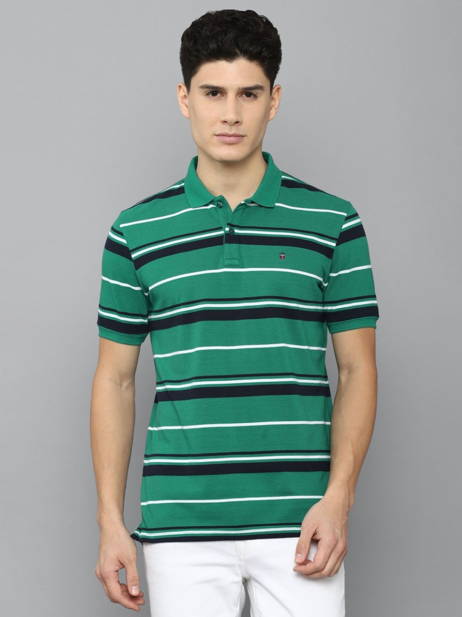 Louis Philippe Sport Green Cotton Slim Fit Striped Polo T-Shirt