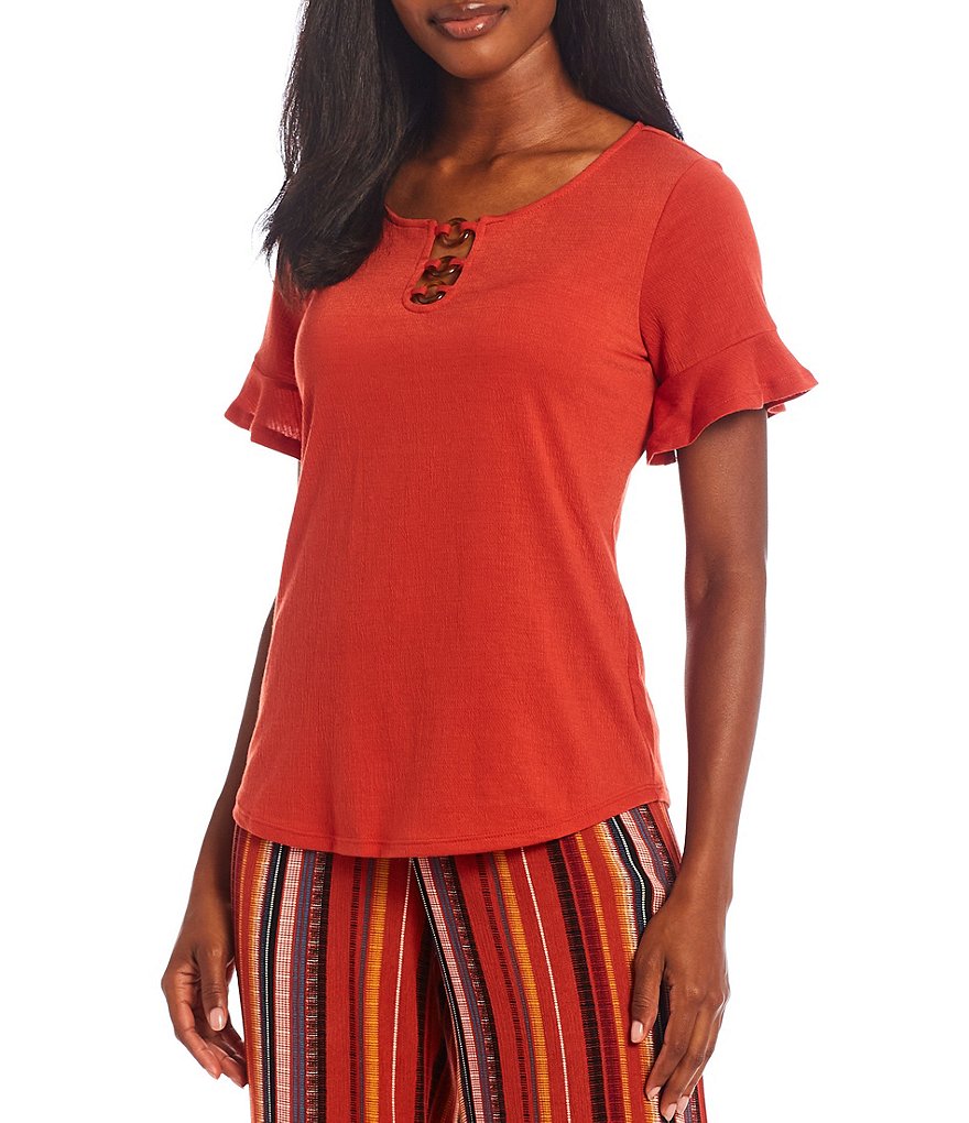 I.N. Studio Solid Pucker Knit Lattice Ring Detail Scoop Neck Flounce Cuff Short Sleeve Top