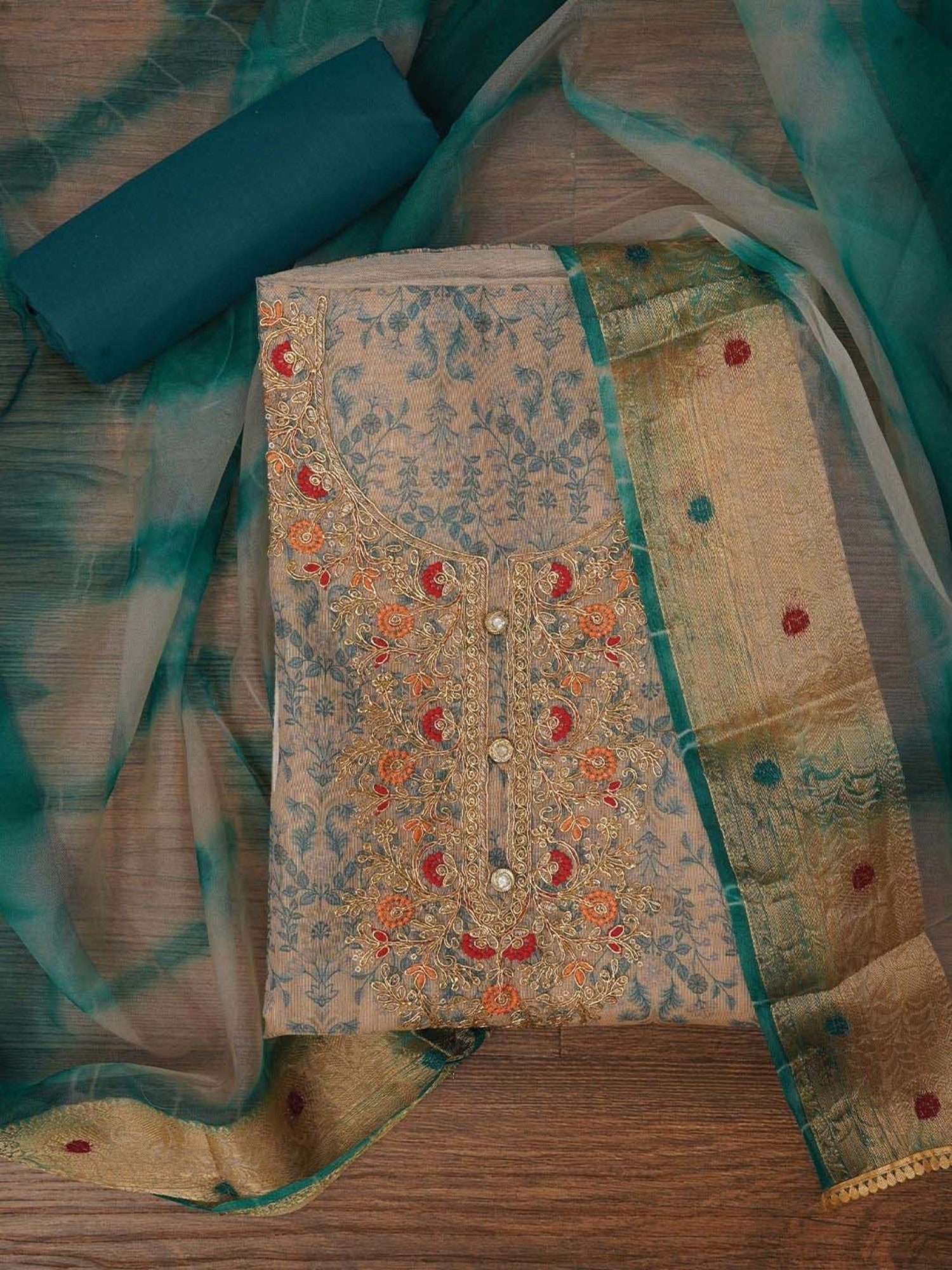 Jaipur Kurti Peach & Green Embellished Unstitched Dress Material