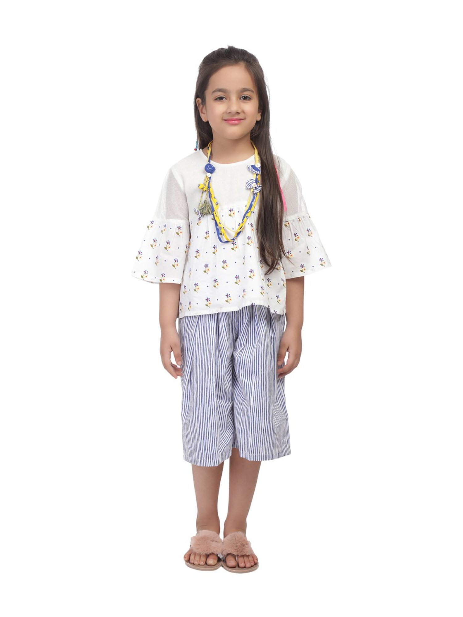 BIBA Girls Off White Cotton Printed Kurta & Pants