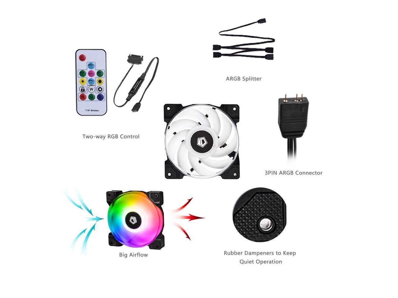 ID-COOLING DF-12025-ARGB Trio Case Fan CPU Cooling Fan Addressable RGB Case Fan 5V ARGB MB Aura Sync PWM Fan for CPU Cooler/Radiator/PC Chassis(Remote Control Included)