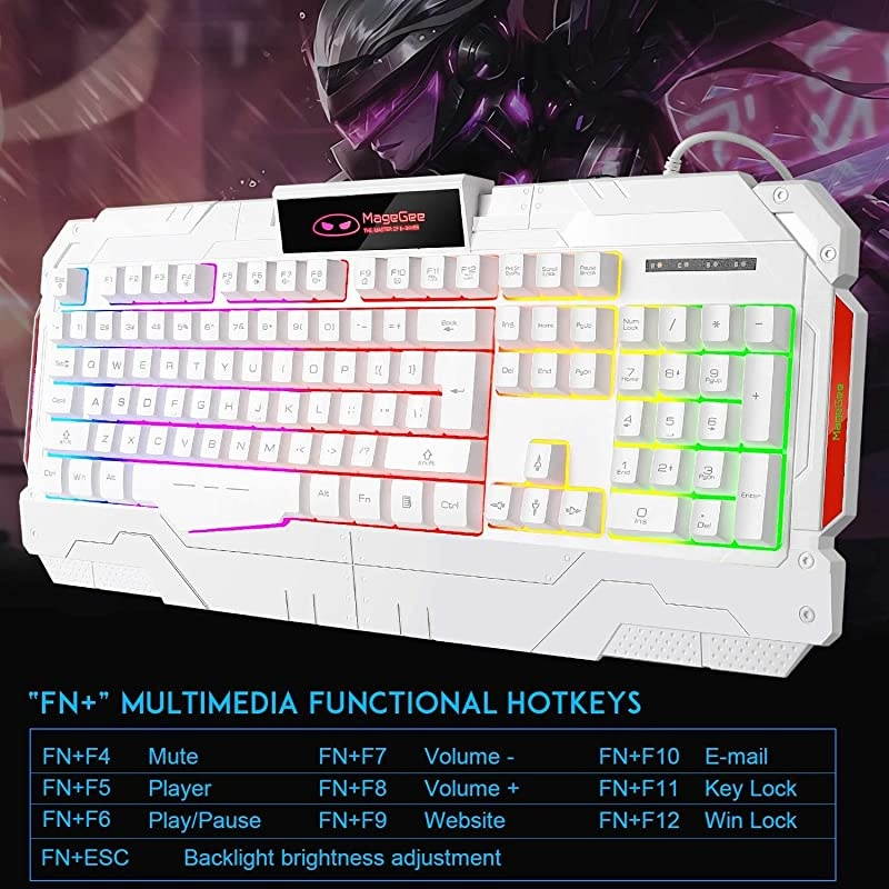 Gaming Keyboard and mouse Combo, GK806 LED Rainbow Backlit USB Keyboard and Mouse Set, G7 Gaming Mouse and Keyboard 104 Key Computer Gaming Keyboard with Wrist Rest-White