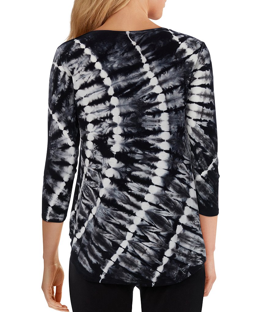Ruby Rd. Sunburst Tie-Dye Print Round Neck 3/4 Sleeve Knit Top