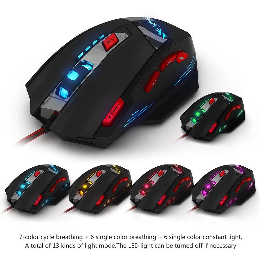 Zelotes T90 USB Wired Gaming Mouse - 1000/1600/2400/3200/5500/8000 DPI High Precision Optical LED Gaming Mouse - 8 Buttons for Pro Gamer with Weight Tuning Set