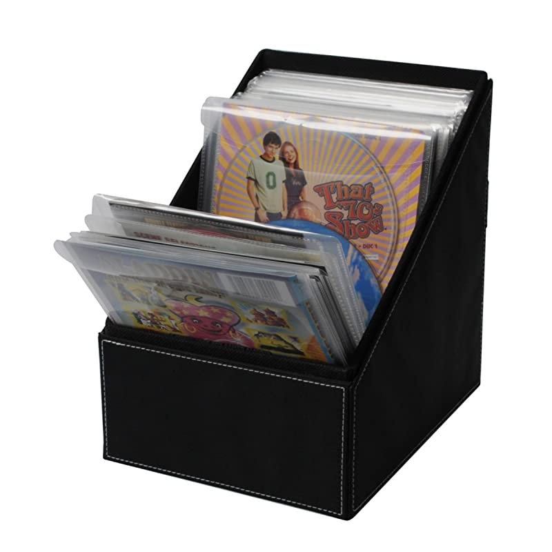 Media Sleeve Storage Bin Leatherette Front Quality Stitching and includes 36 Sleeves amp 25 Pack Movie Sleeves Clear Sleeve hold two discs each Protects Discs Against Scratches and Dust