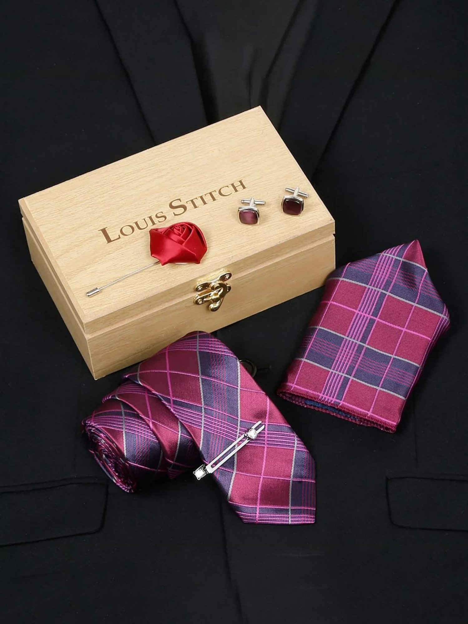 Louis Stitch Pink Checks Necktie Gift Set - Set of 5