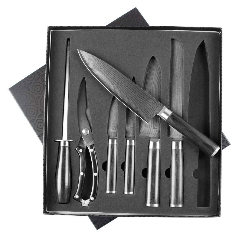 Zelancio ZEL-KSET-7PC 7 Piece Japanese VG-10 Folded Damascus Steel Blade, Carbon Steel Core, and Pakka Wood Handle Chef Kitchen Knife Set