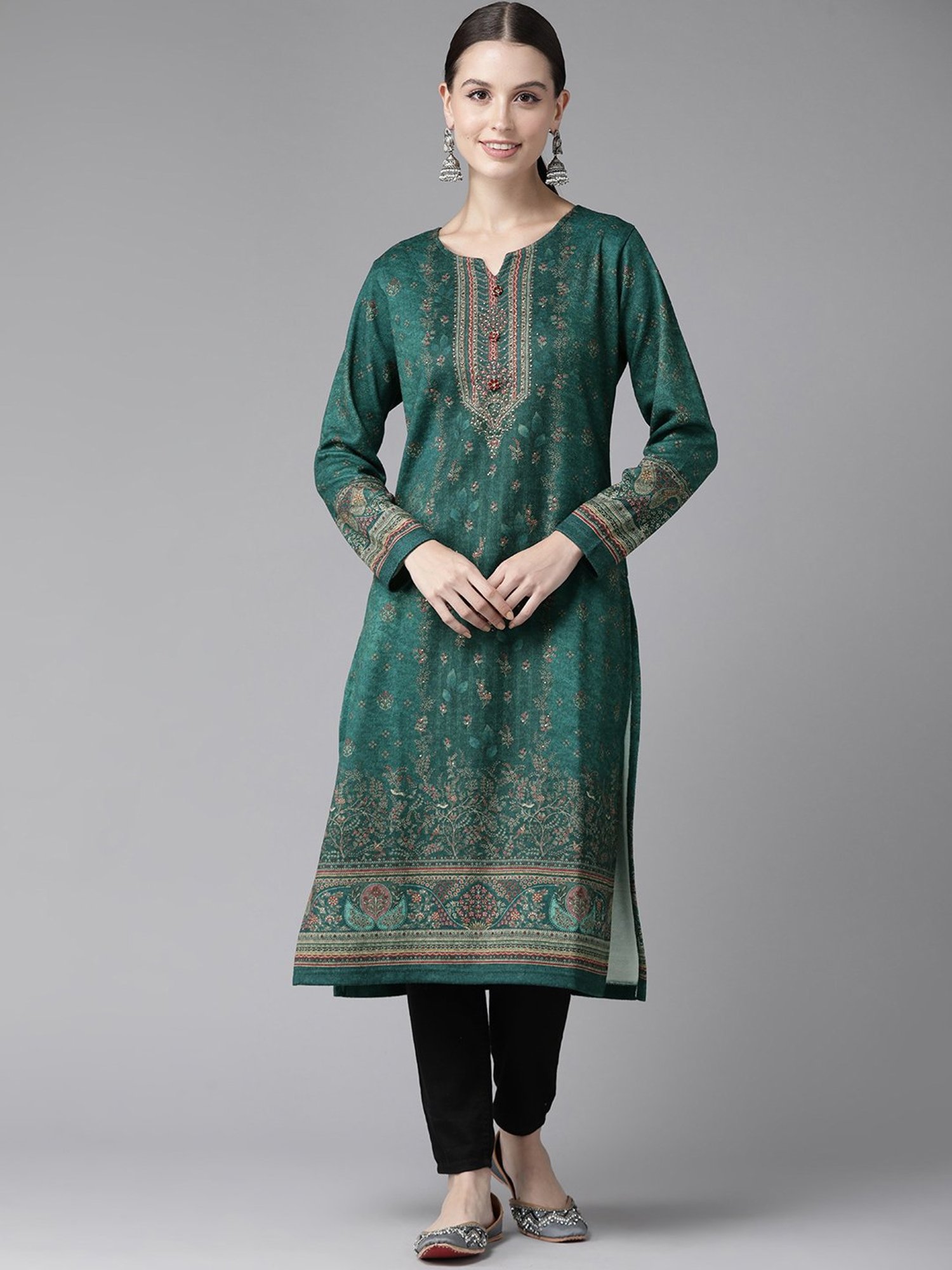 Cayman Green Floral Print Straight Kurta