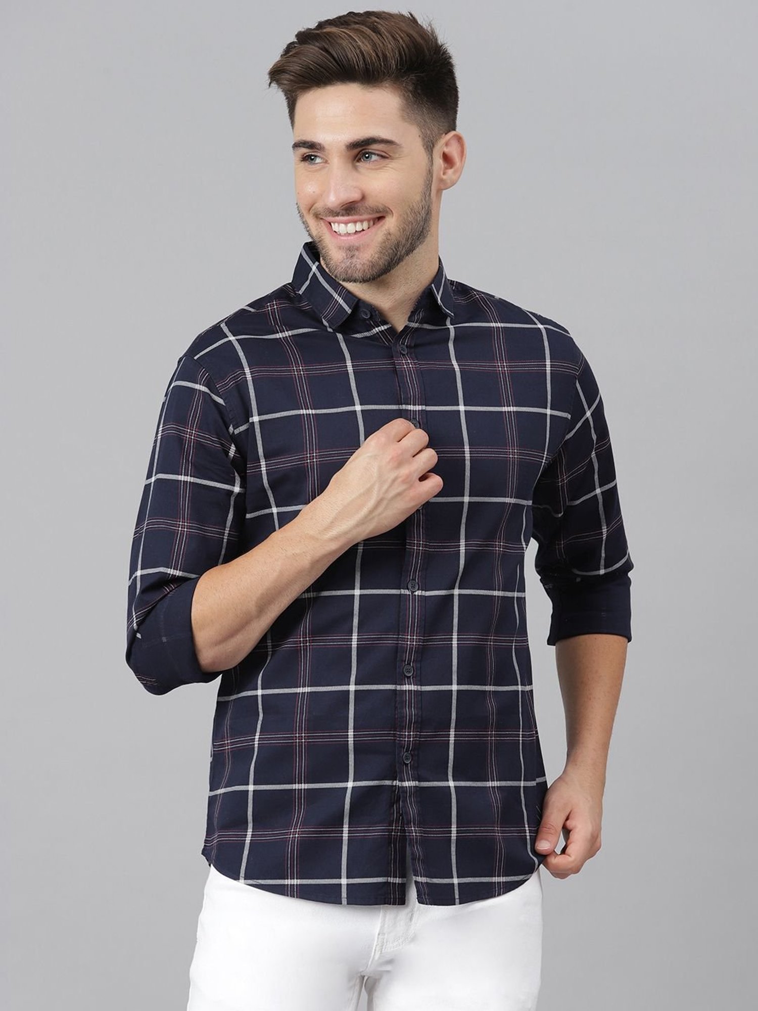 Dennis Lingo Navy Cotton Slim Fit Checks Shirt