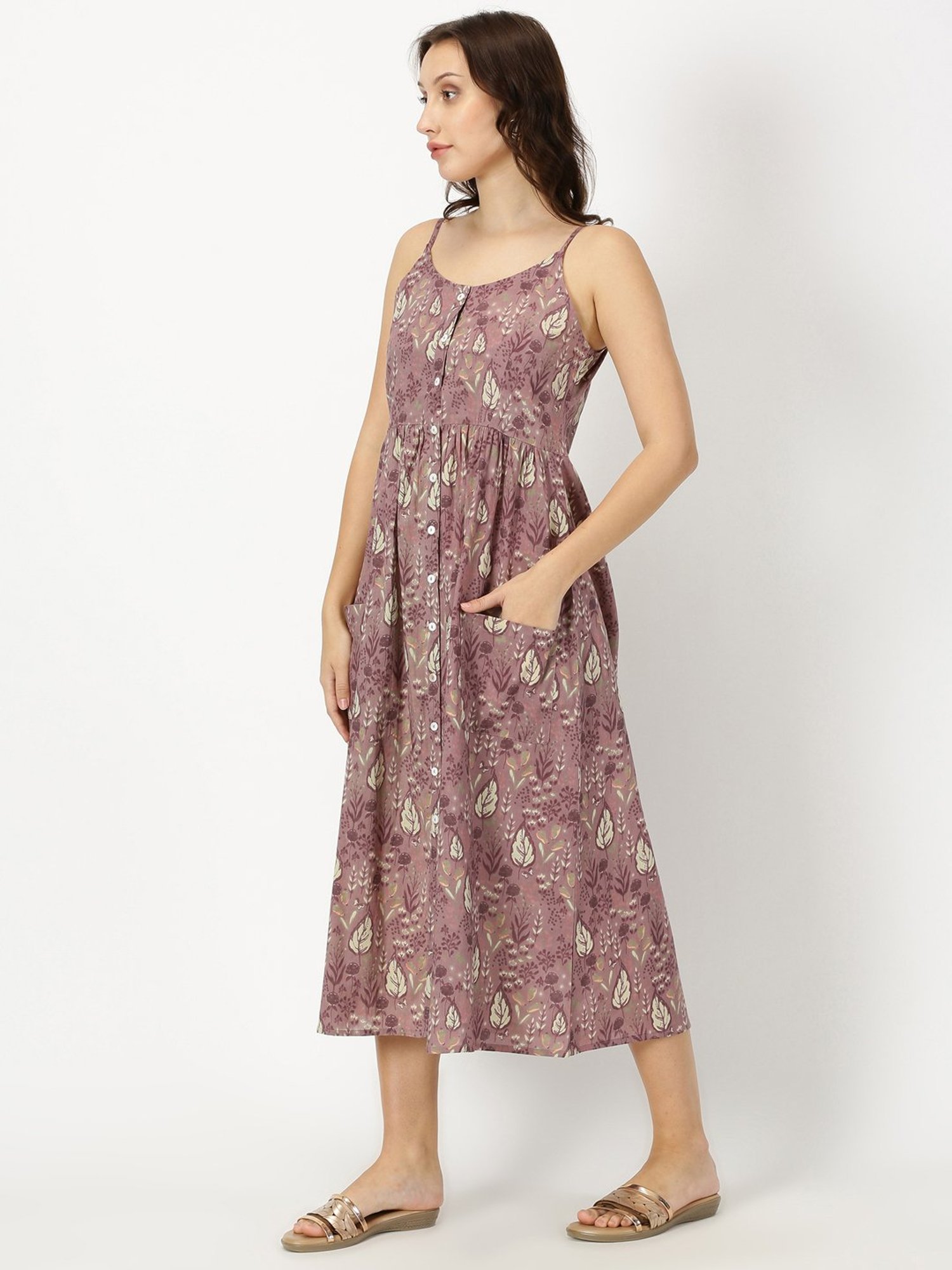 Saffron Threads Mauve Cotton Printed Ethnic Dress