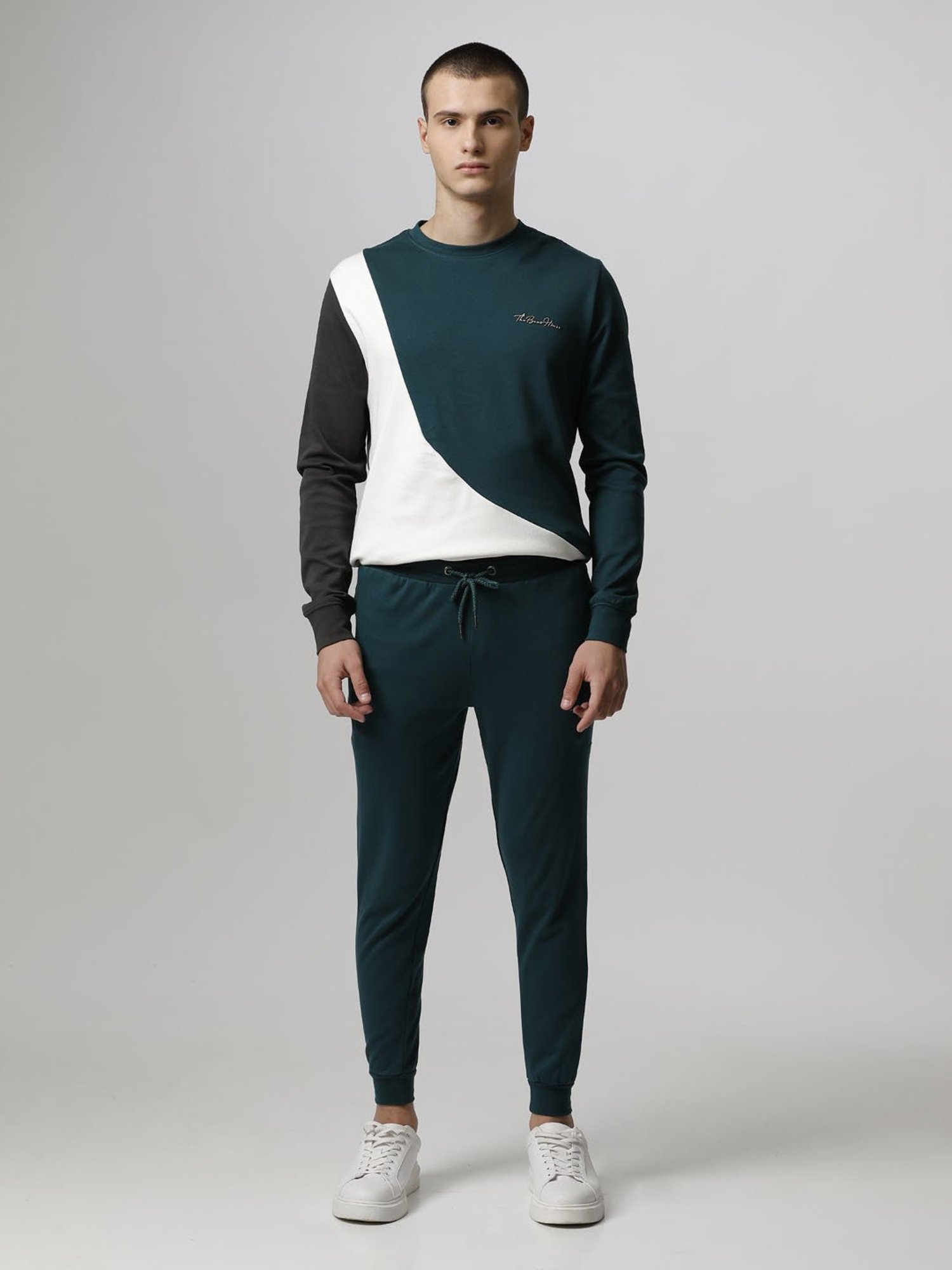 The Bear House Teal Cotton Slim Fit Colour-Block Tracksuit