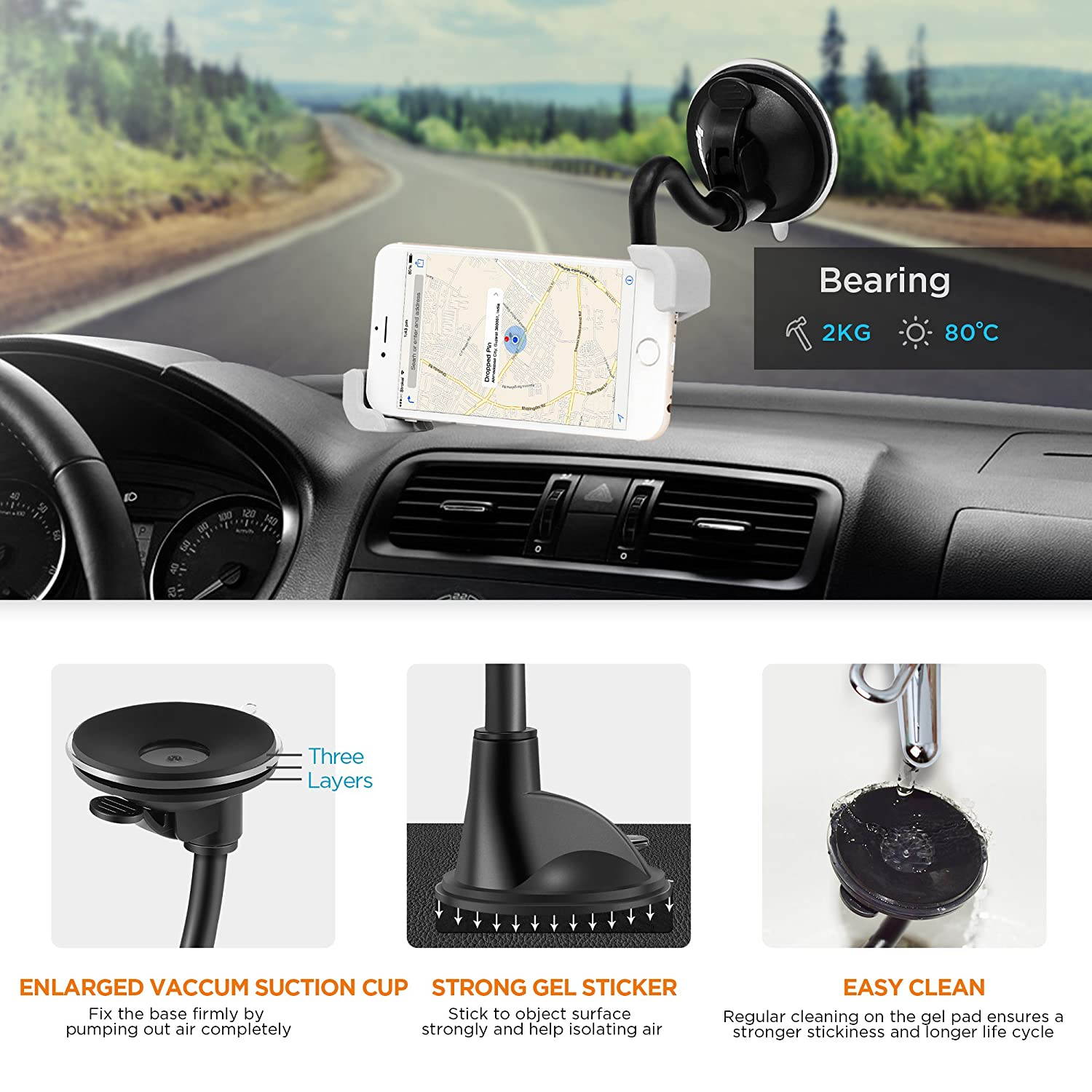 IPOW Car Phone Mount, Diagonal Clamp Full-View Windshield/Dashboard Car Phone Holder with Strong Suction Cup& Bendable Goose Arm Compatible with iPhone X 8Plus 7Plus 6sPlus 6Plus Galaxy S7 S9 J7V