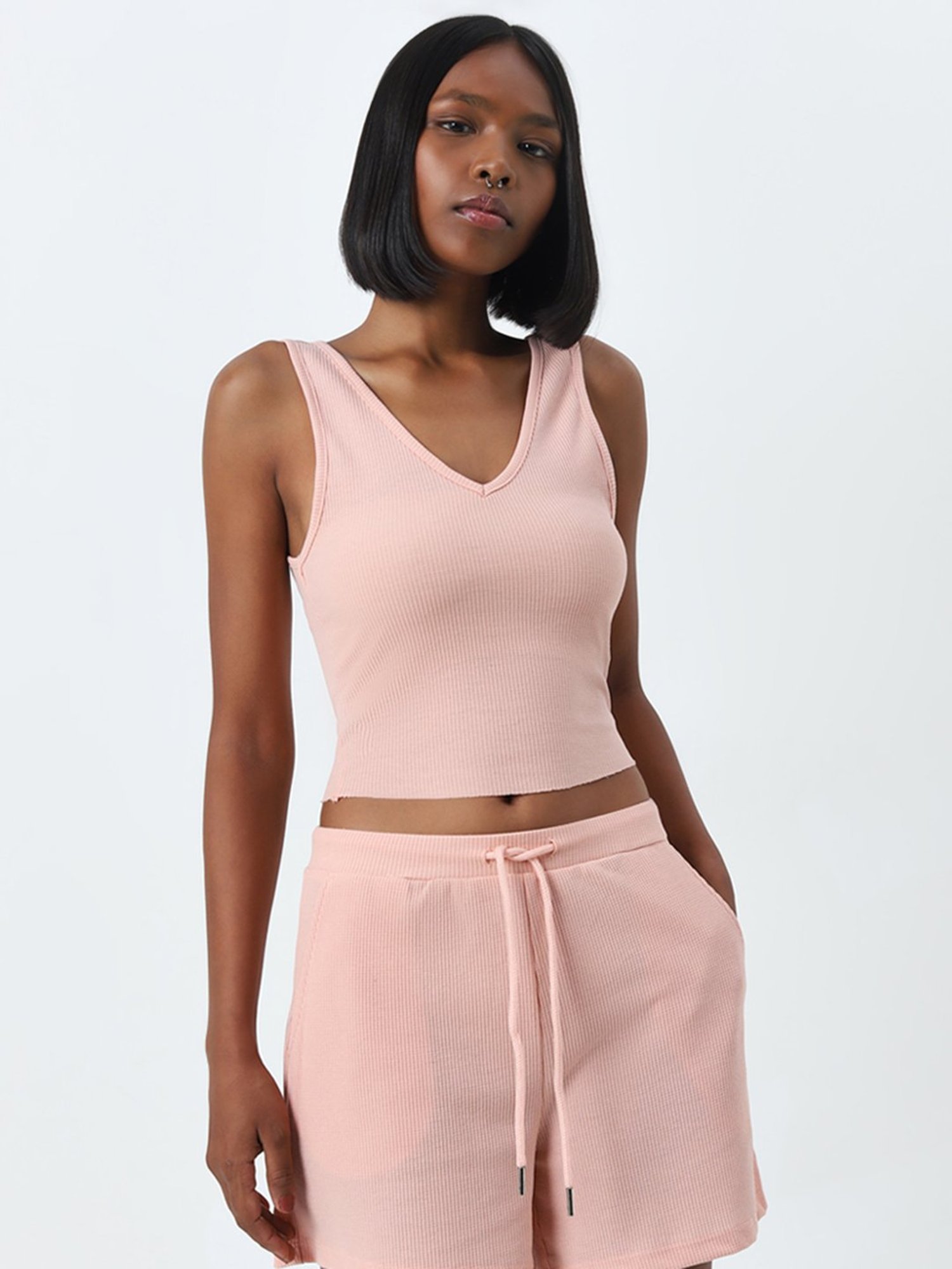 Superstar by Westside Peach Waffle Textured Tank Top