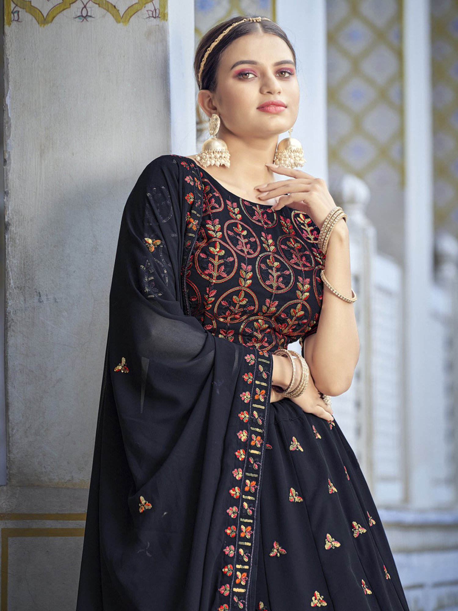 SHUBHKALA Black Embroidered Lehenga and Choli Set With Dupatta