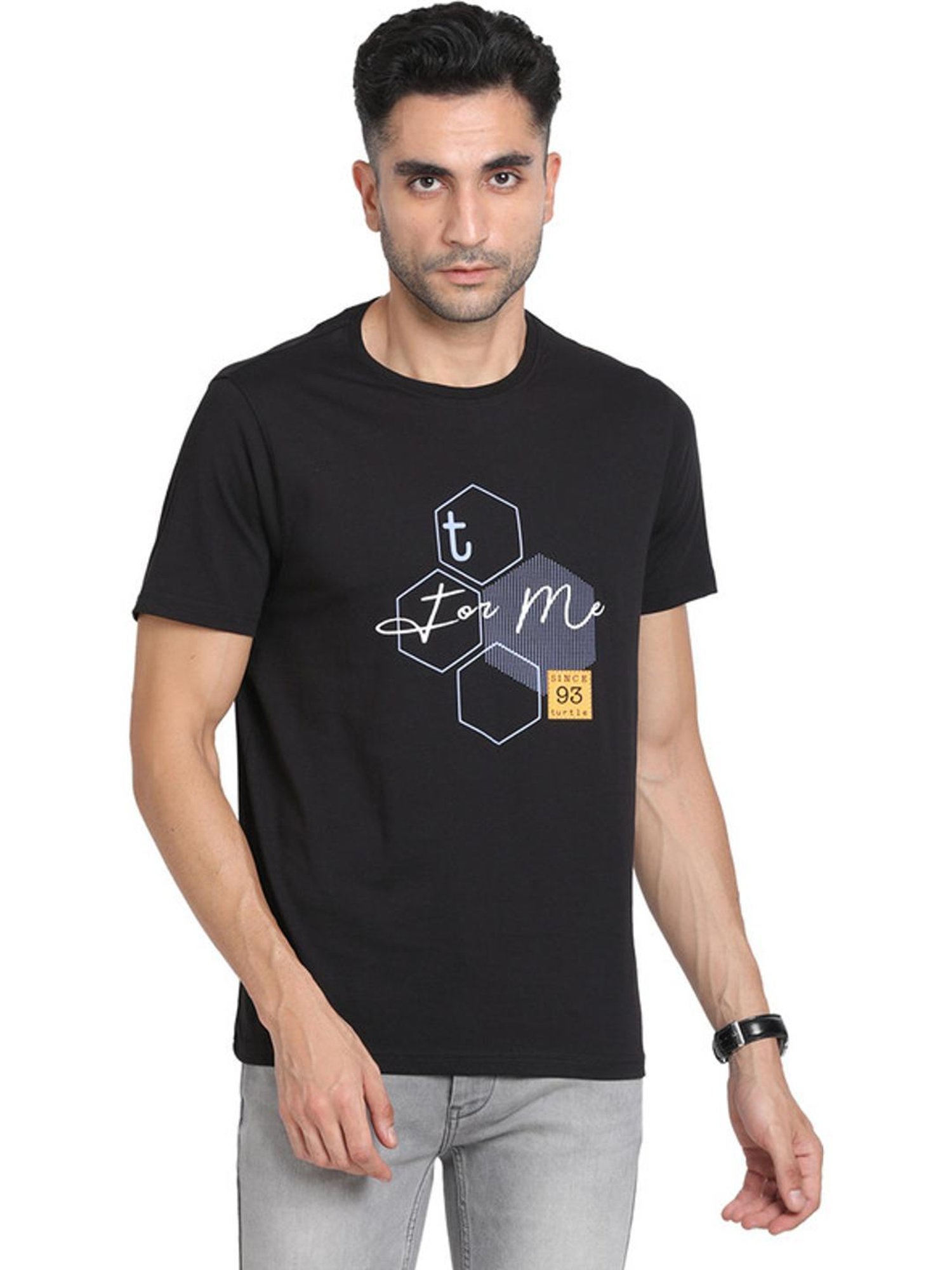 Turtle Black Slim Fit Printed T-Shirts