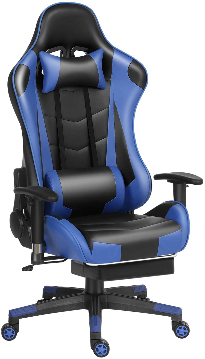 Ergonomic Gaming Chair | Home Office Chair | Adjustable Swivel Leather Computer Chair | High Back Desk Chair with Smooth PU Leather,Headrest,Footrest,Lumbar Support and Tilt Locking Mechanism  Pillow