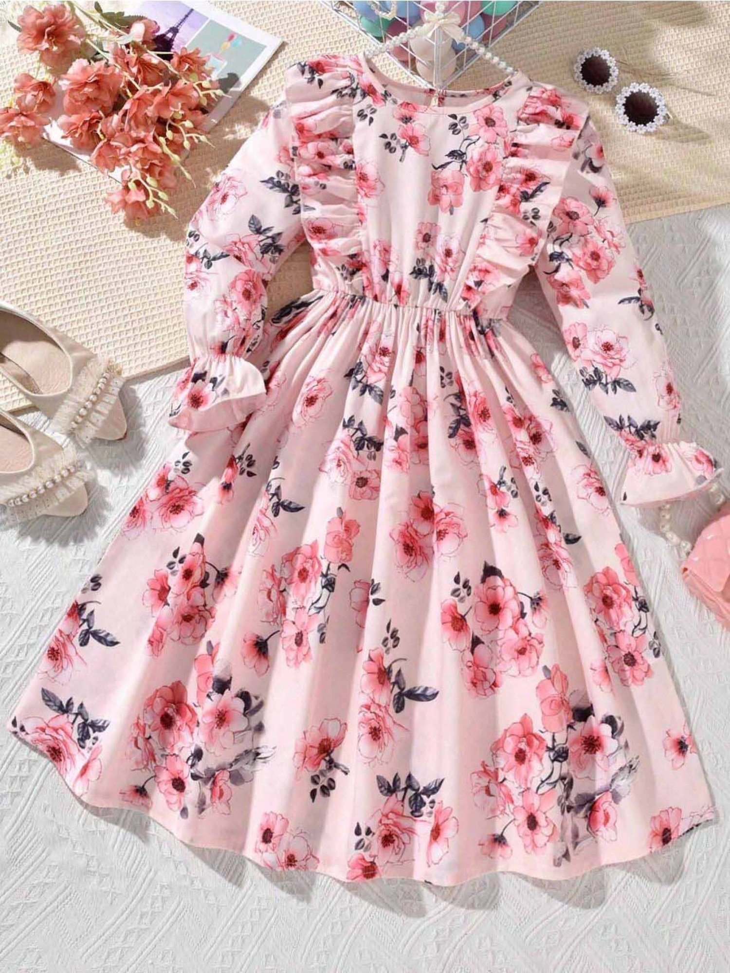 Bolly Lounge Girls Soft Pink Floral Full Sleeves Dress