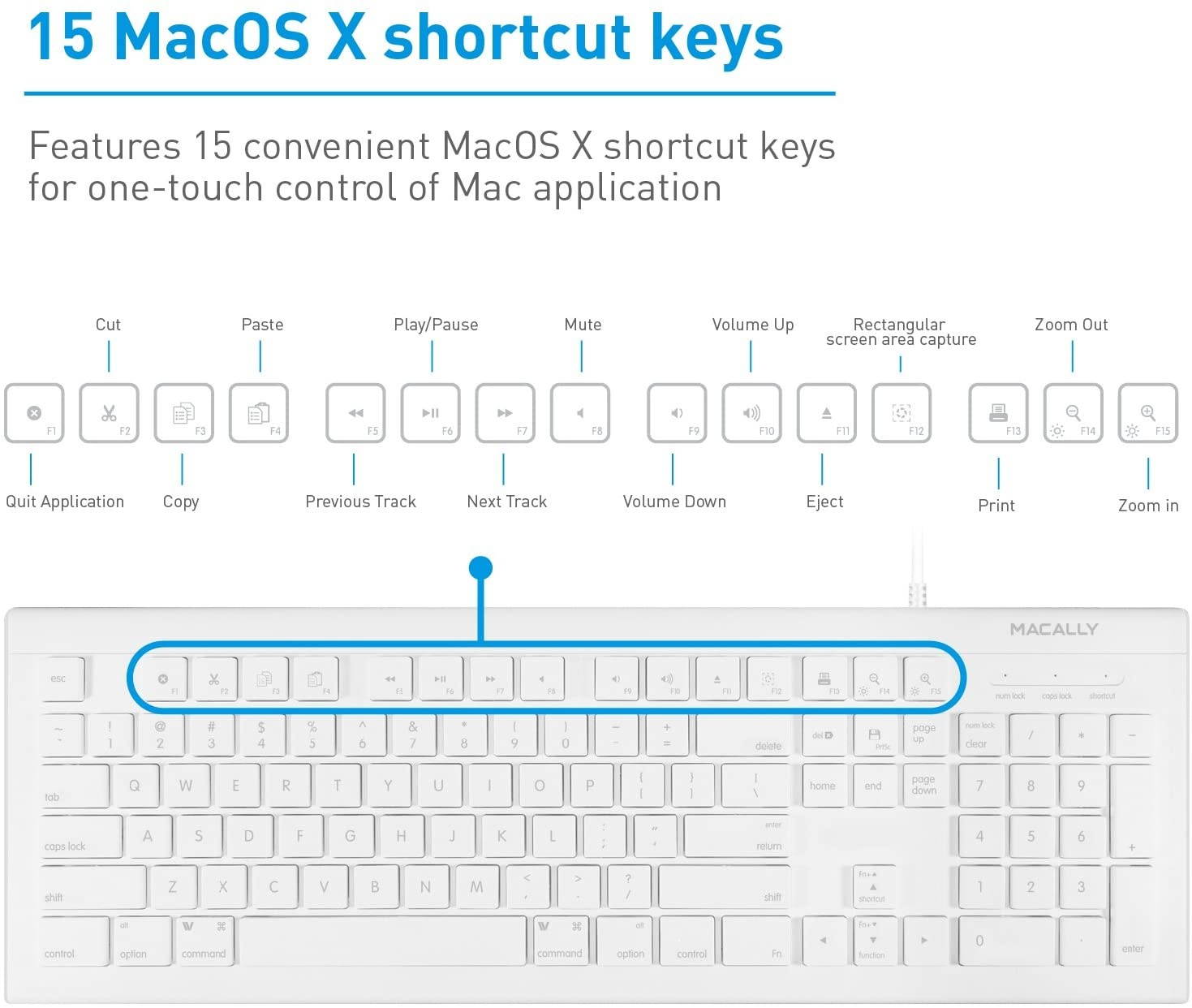 Macally Full Size USB Wired Keyboard for Mac and PC - Plug & Play Wired Computer Keyboard - Compatible Apple Keyboard with 15 Shortcut Keys for Easy Controls & Navigation - White