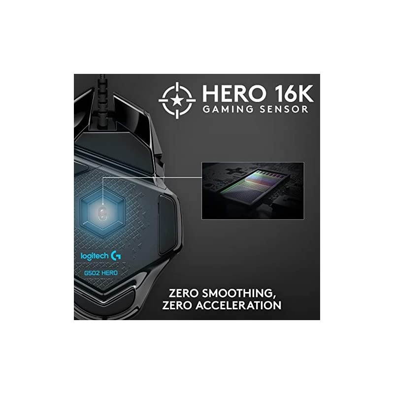 G502 Hero High Performance Wired Gaming Mouse, Hero 16K Sensor, 16,000 DPI, RGB, Adjustable Weights, 11 Programmable Buttons, On-Board Memory, PC/Mac - Black