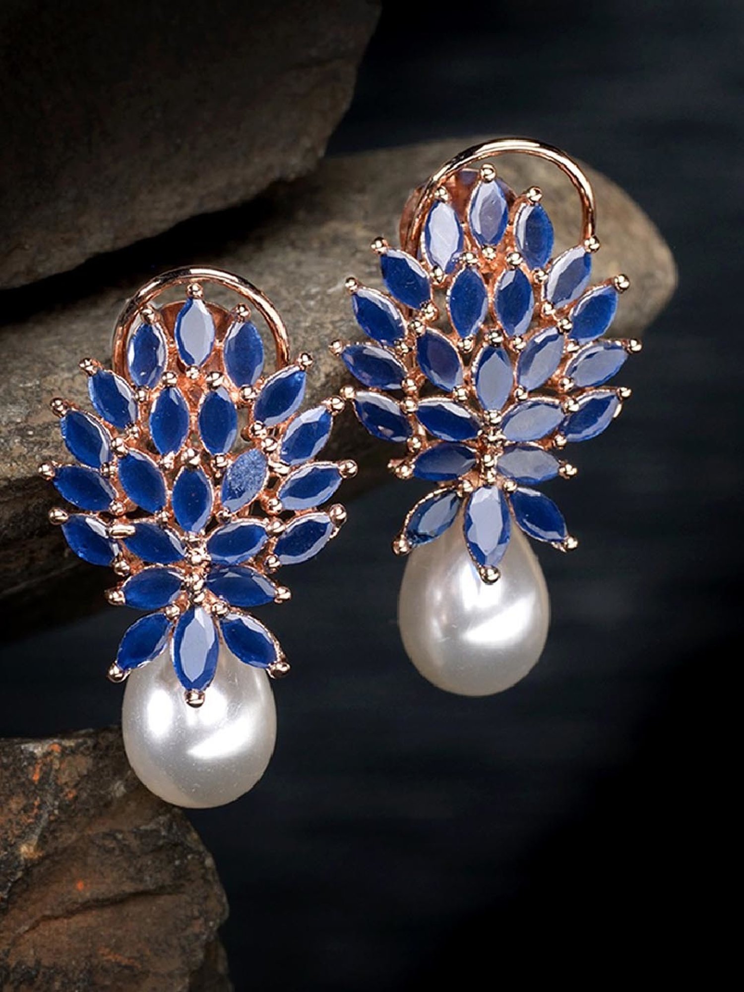 Saraf RS Jewellery Rose Gold Blue AD studded Pearl Drop Earring