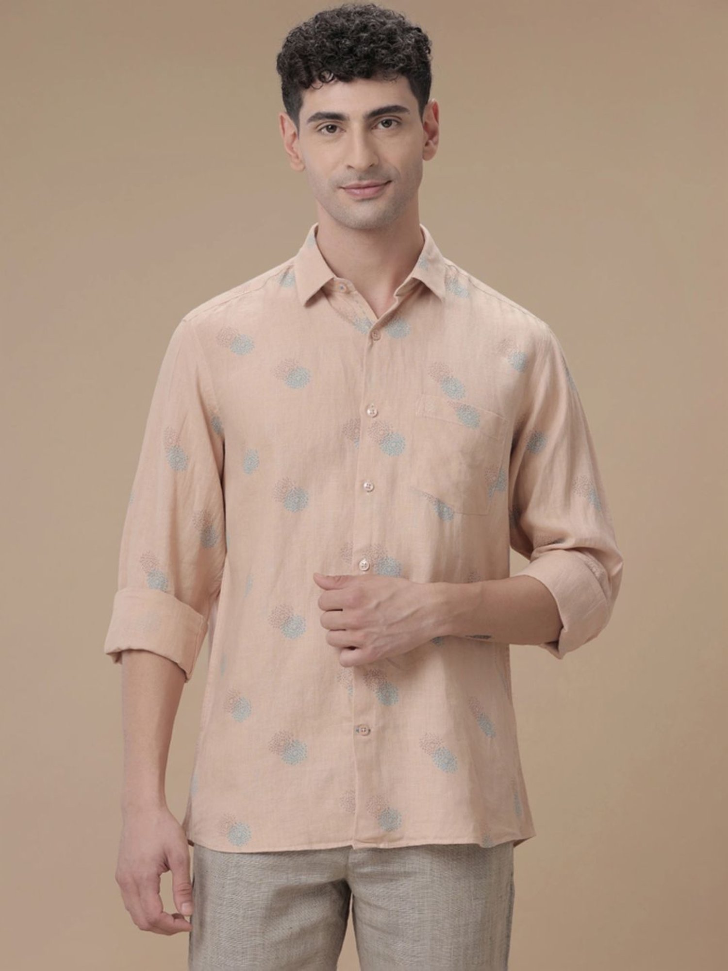 Linen Club Peach Linen Contemporary Fit Printed Shirt