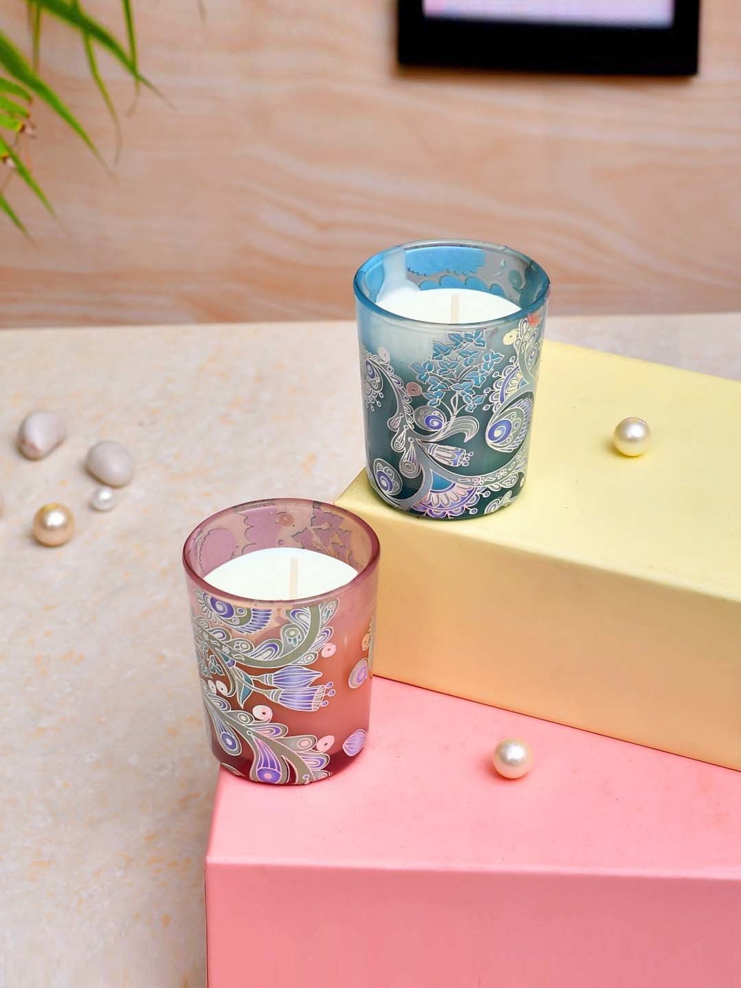 TAYHAA Blue & Peach Wax Illuminated Candle - Set of 2