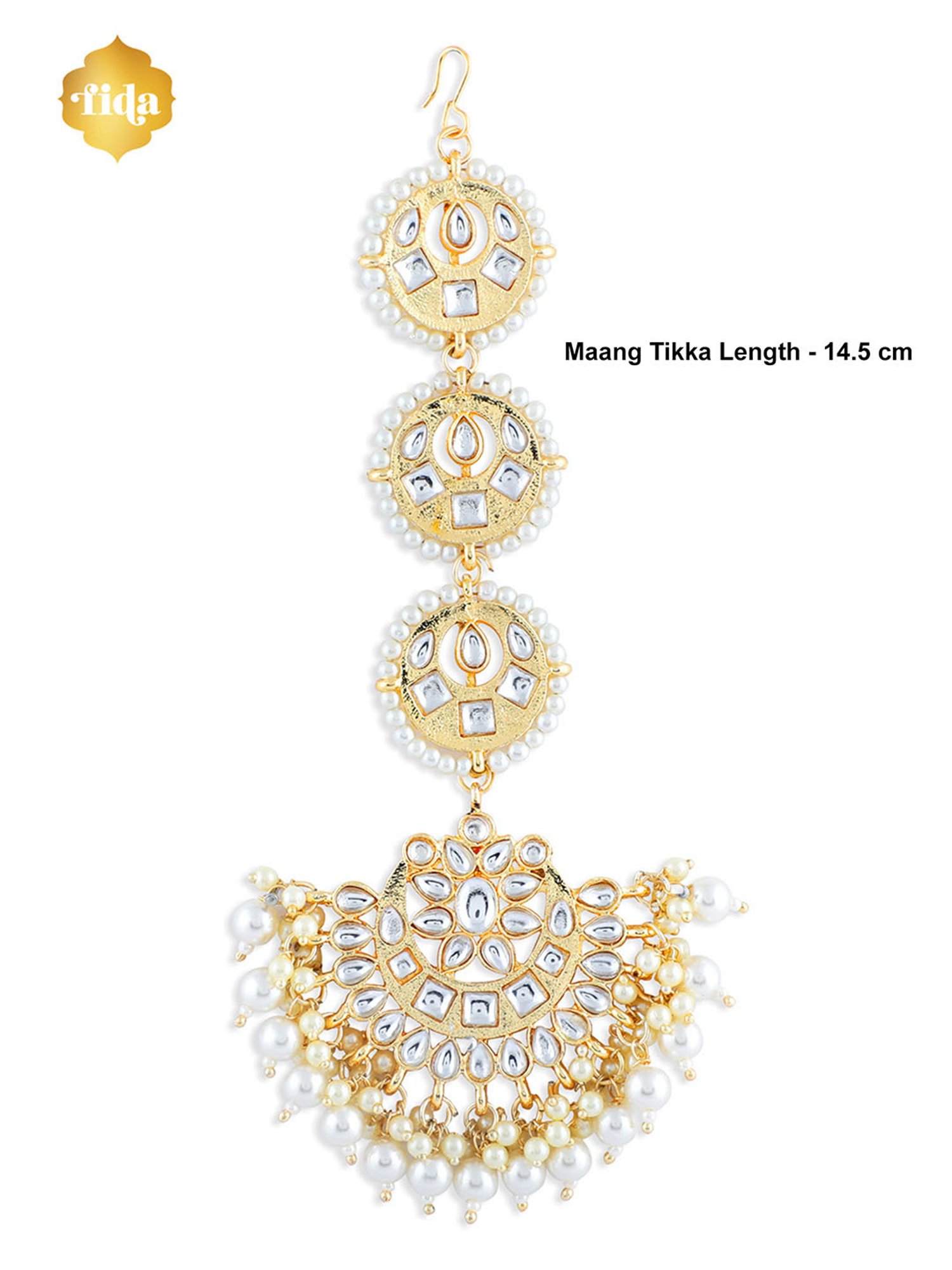 Fida White Pearls Beads Kundan Gold-Plated Crescent Maangtikka for Women