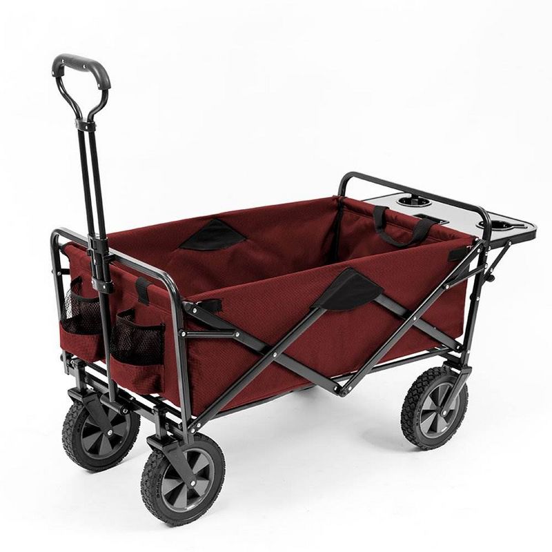 Mac Sports Heavy Duty Steel Frame Collapsible Folding 150 Pound Capacity Outdoor Garden Utility Wagon Yard Cart with Table and Cup Holders, Maroon