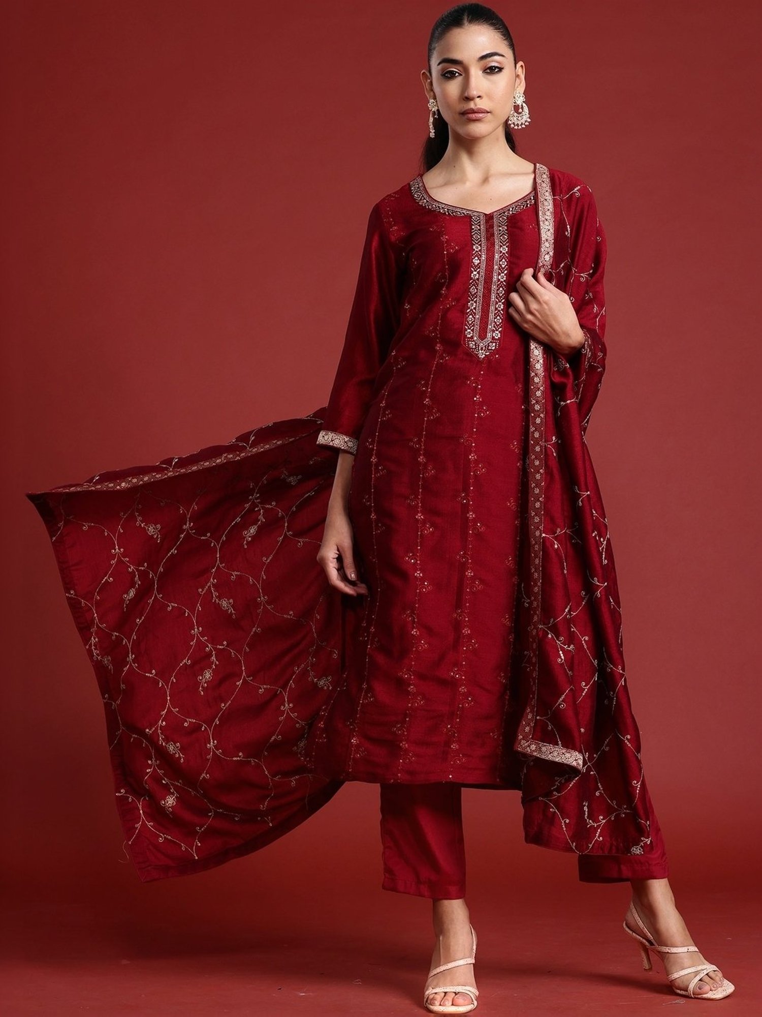 Indo Era Maroon Embroidered Kurta Pant Set With Dupatta