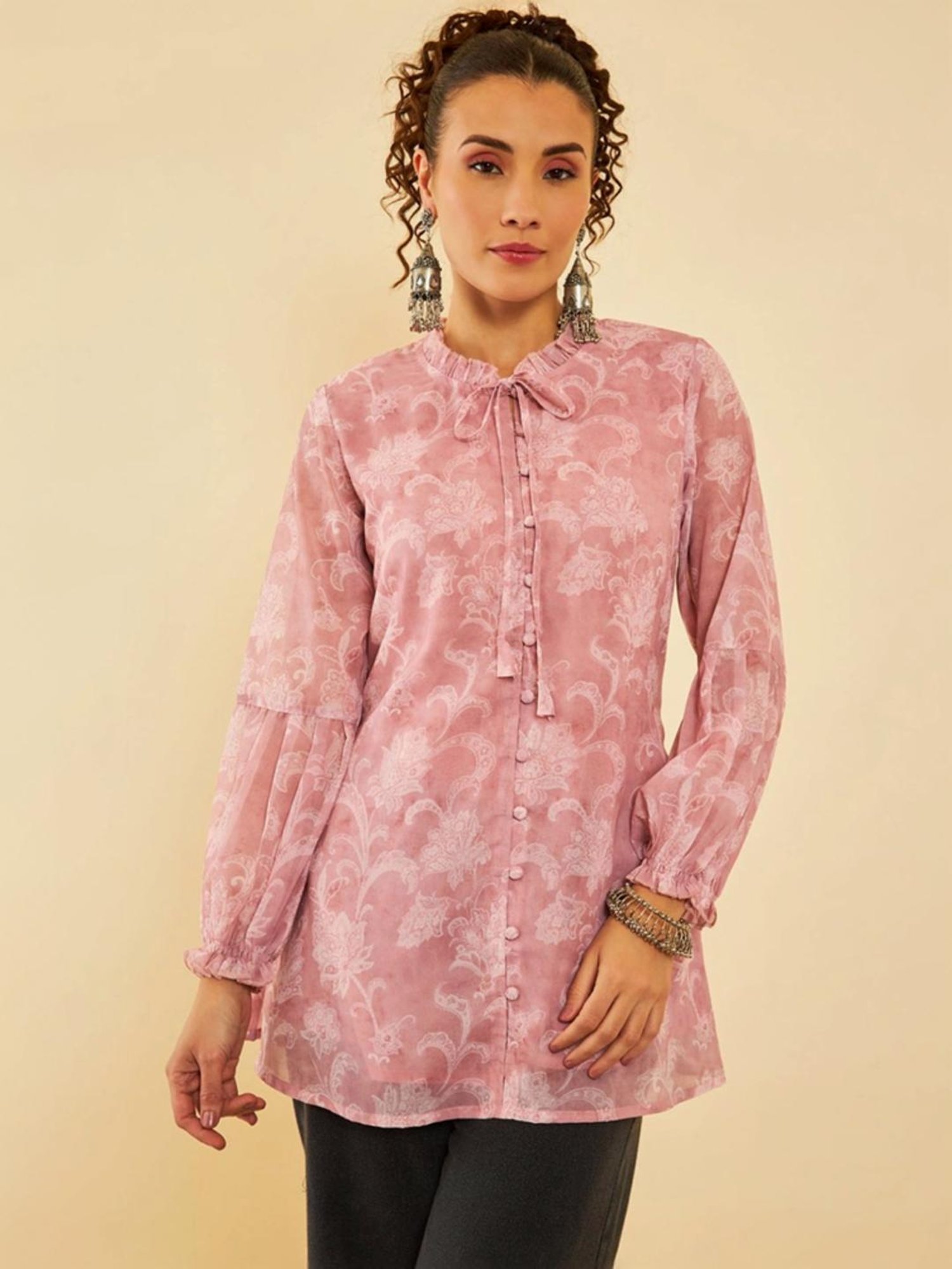Soch Peach Georgette Floral Printed Ruffle Neck Tunic With Tie-Ups