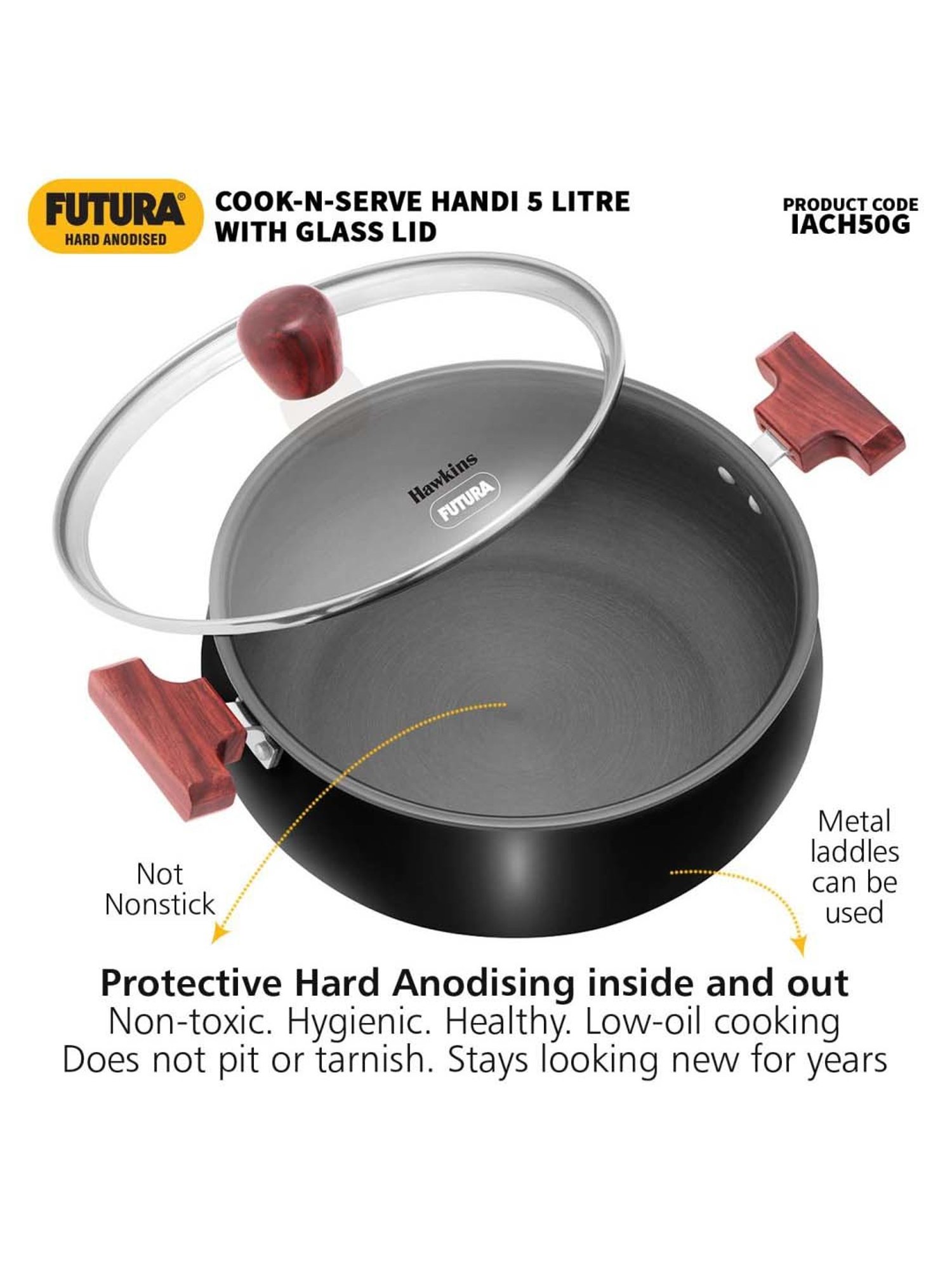 Hawkins Black Aluminium Induction Futura Hard Anodised Biryani Handi Pan With Glass Lid (5 L)