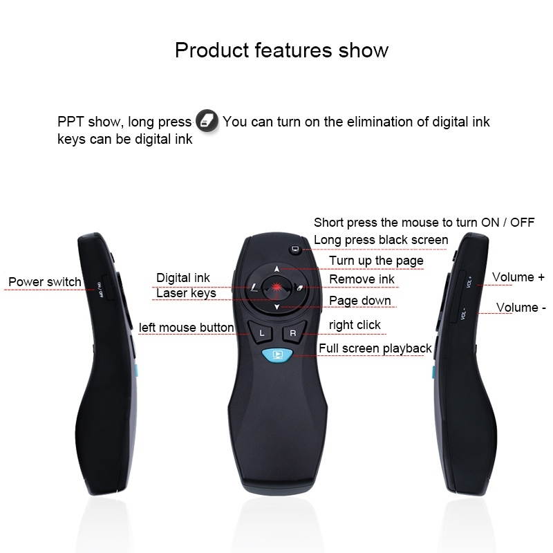VIBOTON A3 Multimedia Presentation Remote PowerPoint Clicker Wireless Presenter Air Mouse, Control Distance: 10-15m