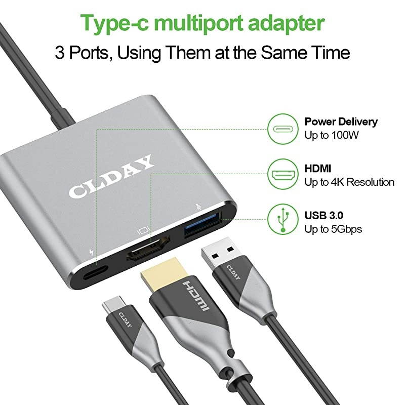 to HDMI Adapter CLDAY USB Type C to HDMI Multiport 3-in-1 with USB 3.0 Port and Fast Charging Power Port Compatible MacBook Sumsang Galaxy S8/S9/S10 Yoga 900/Lumia 950Xl HDMI Hub Adapter