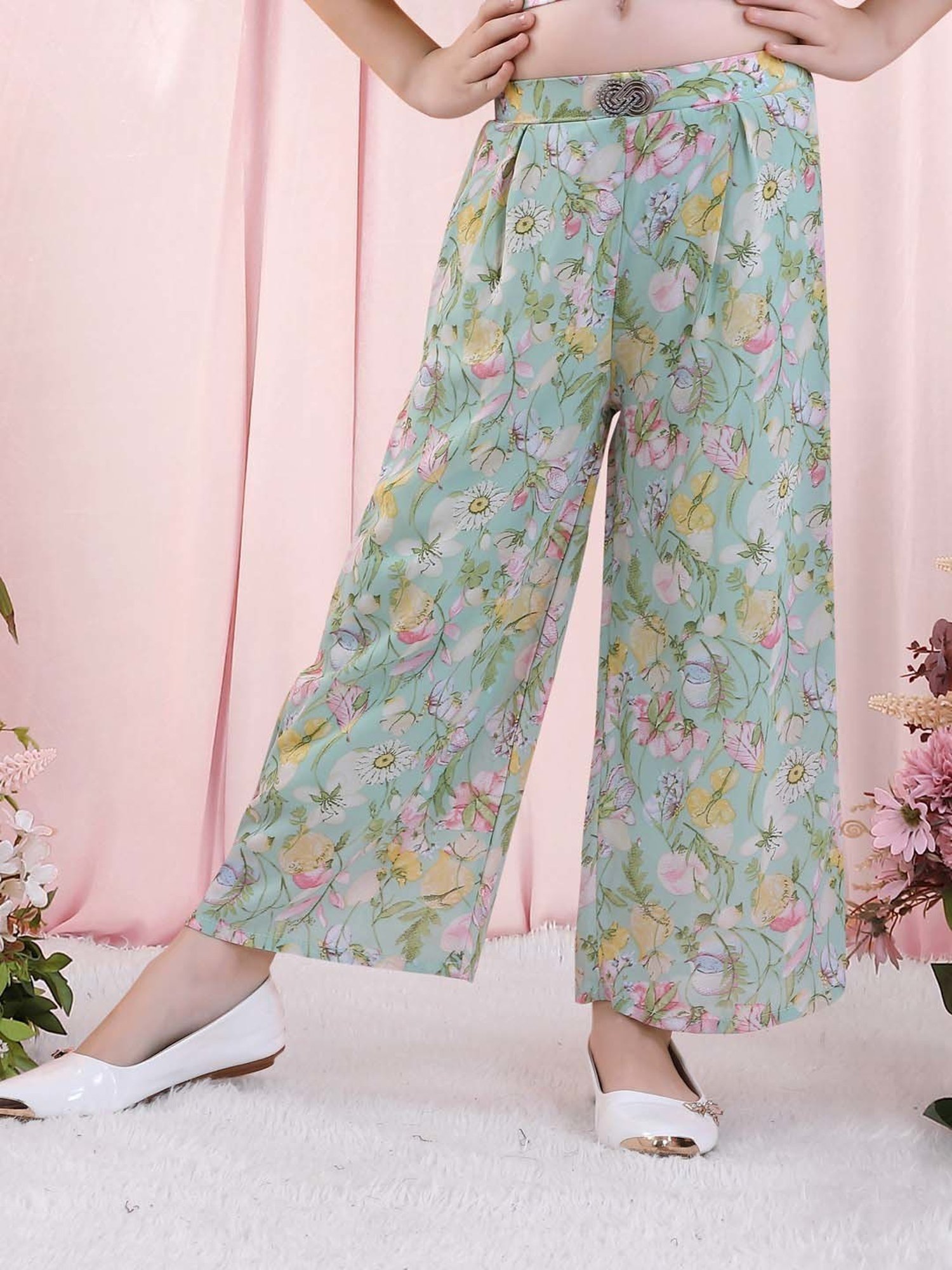 poplins Kids Green & Pink Cotton Floral Print Top Set