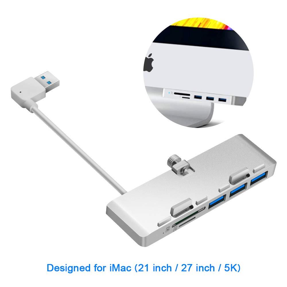 Rocketek iMac Hub Aluminum 3-Port USB 3.0 Hub Adapter with SD & Micro SD Card Reader Combo - Compatible with 2017 iMac and iMac Pro (Silver)