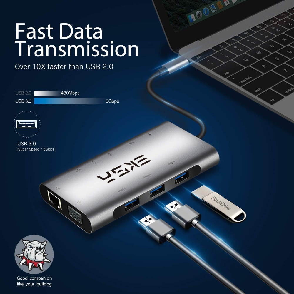 USB C Hub, 11 in 1 USB C to HDMI Adapter with 1000M Ethernet, 4K HDMI, 1080P VGA,Power Delivery PD Charging Port, 3 USB 3.0 Ports Adapter Compatible for MacBook Pro, ChromeBook, XPS, and USB C Devices