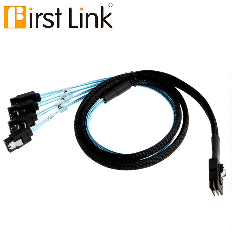 SFF8087-4SATA-0.5M 0.5 Meter 30AWG Internal Mini SAS 36pin (SFF-8087) Male w/ Latch to 4 x SATA 7pin Female Forward Breakout Cable with Nylon Braiding
