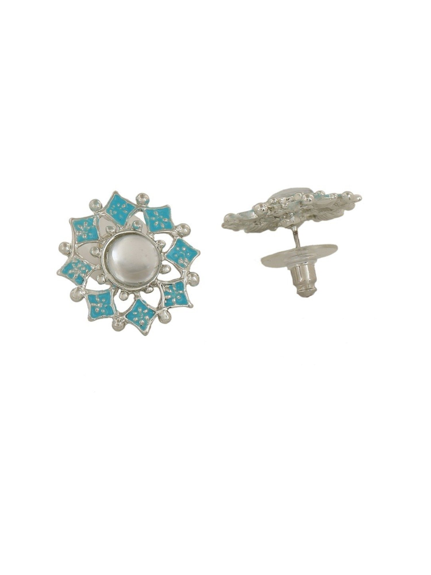 Estele Rhodium-Plated Flower Shaped Blue Meenakari Kundan Stud Earrings